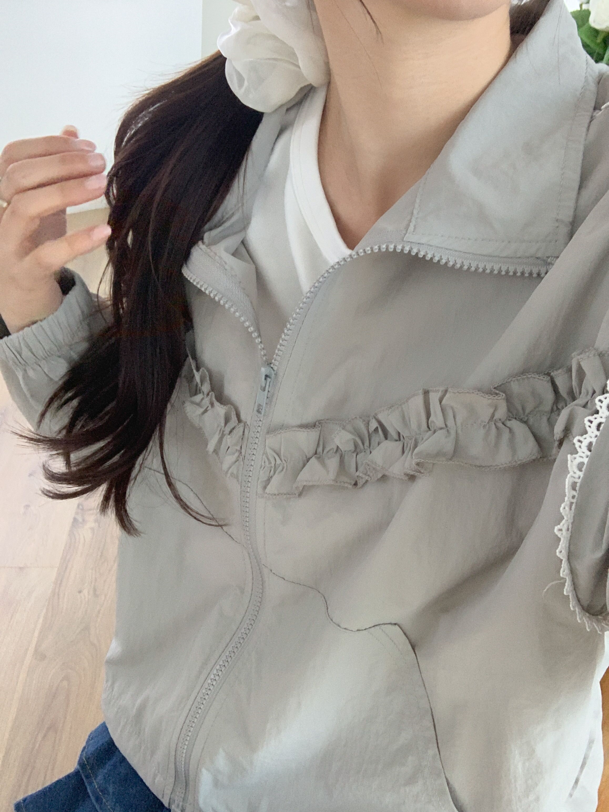 レースナイロンジップアップハイネックフリルゴムラインドローコードカンガルーポケットジャンパー | 詳細画像17