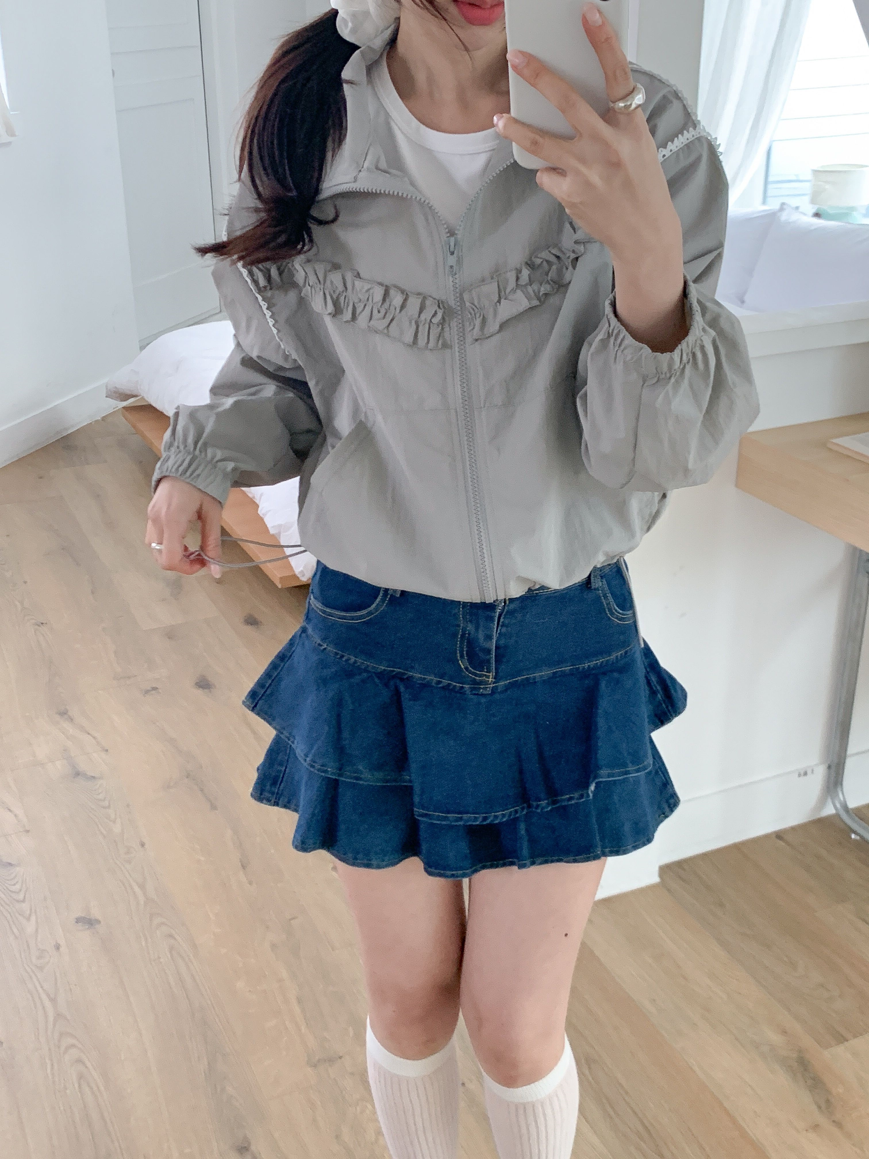 レースナイロンジップアップハイネックフリルゴムラインドローコードカンガルーポケットジャンパー | 詳細画像19