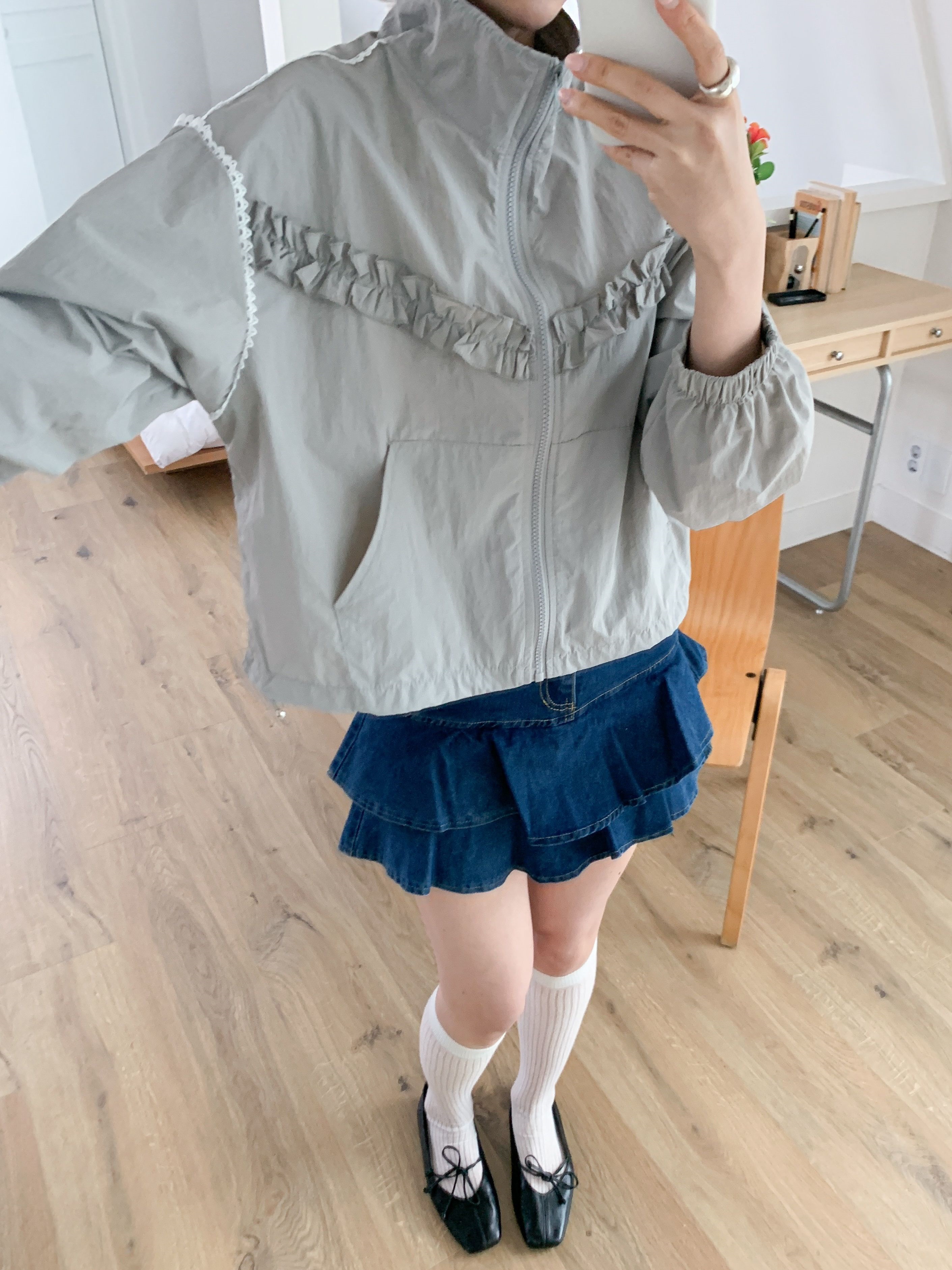 レースナイロンジップアップハイネックフリルゴムラインドローコードカンガルーポケットジャンパー | 詳細画像20