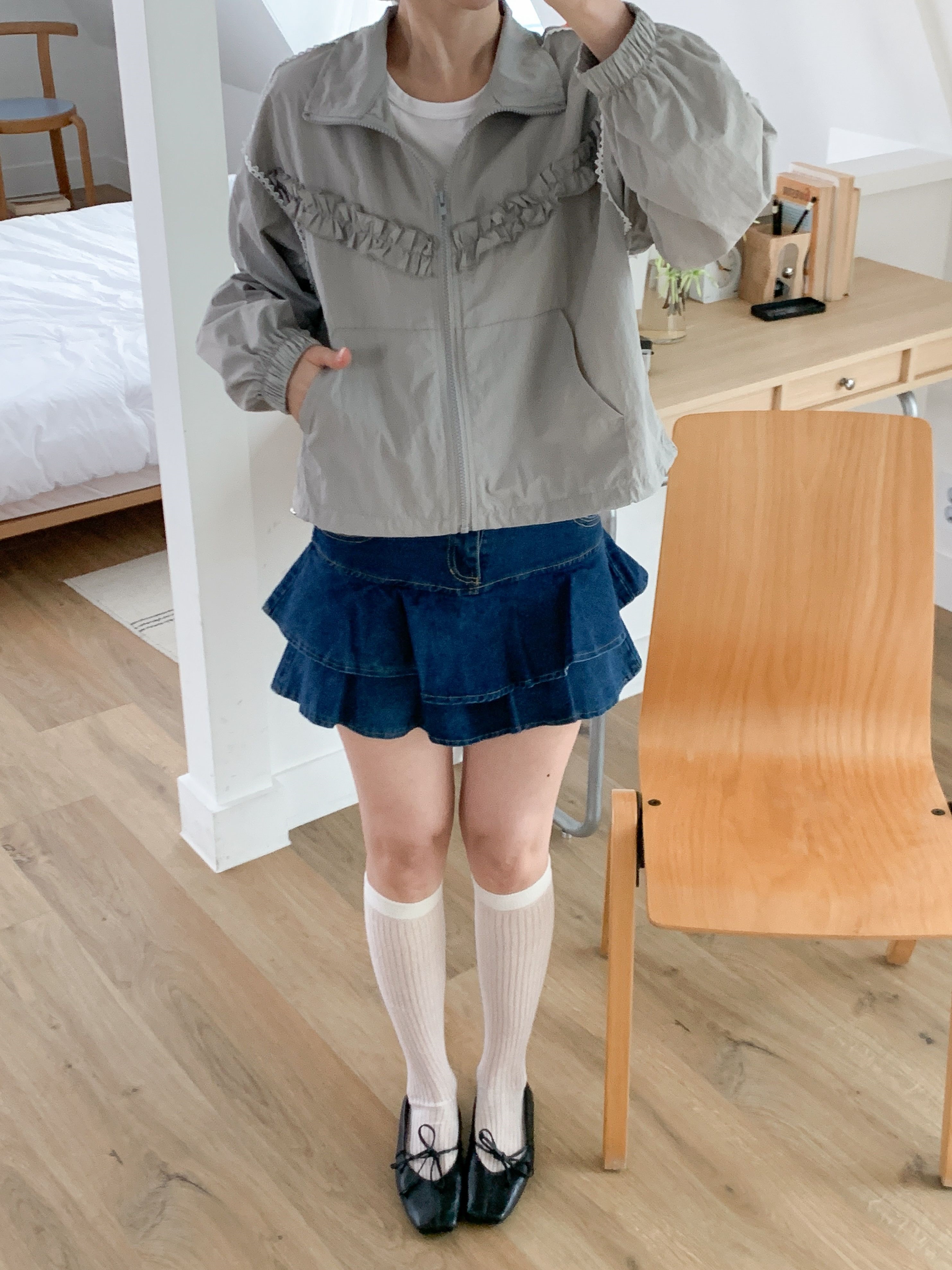 レースナイロンジップアップハイネックフリルゴムラインドローコードカンガルーポケットジャンパー | 詳細画像21