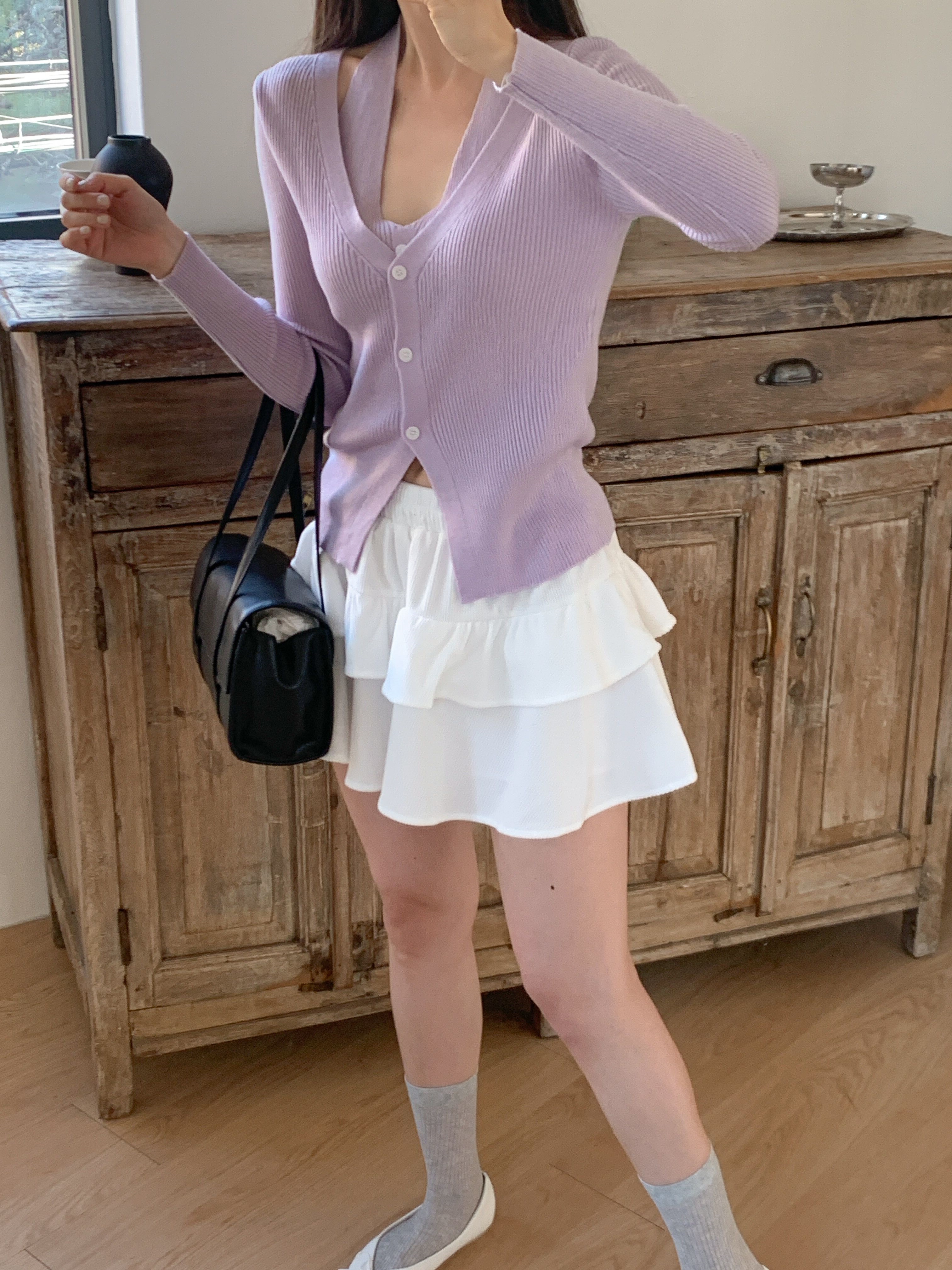 リブウール混ボタンVネックホルターネックスリットスリムレイヤード風長袖無地カーディガン | 詳細画像8