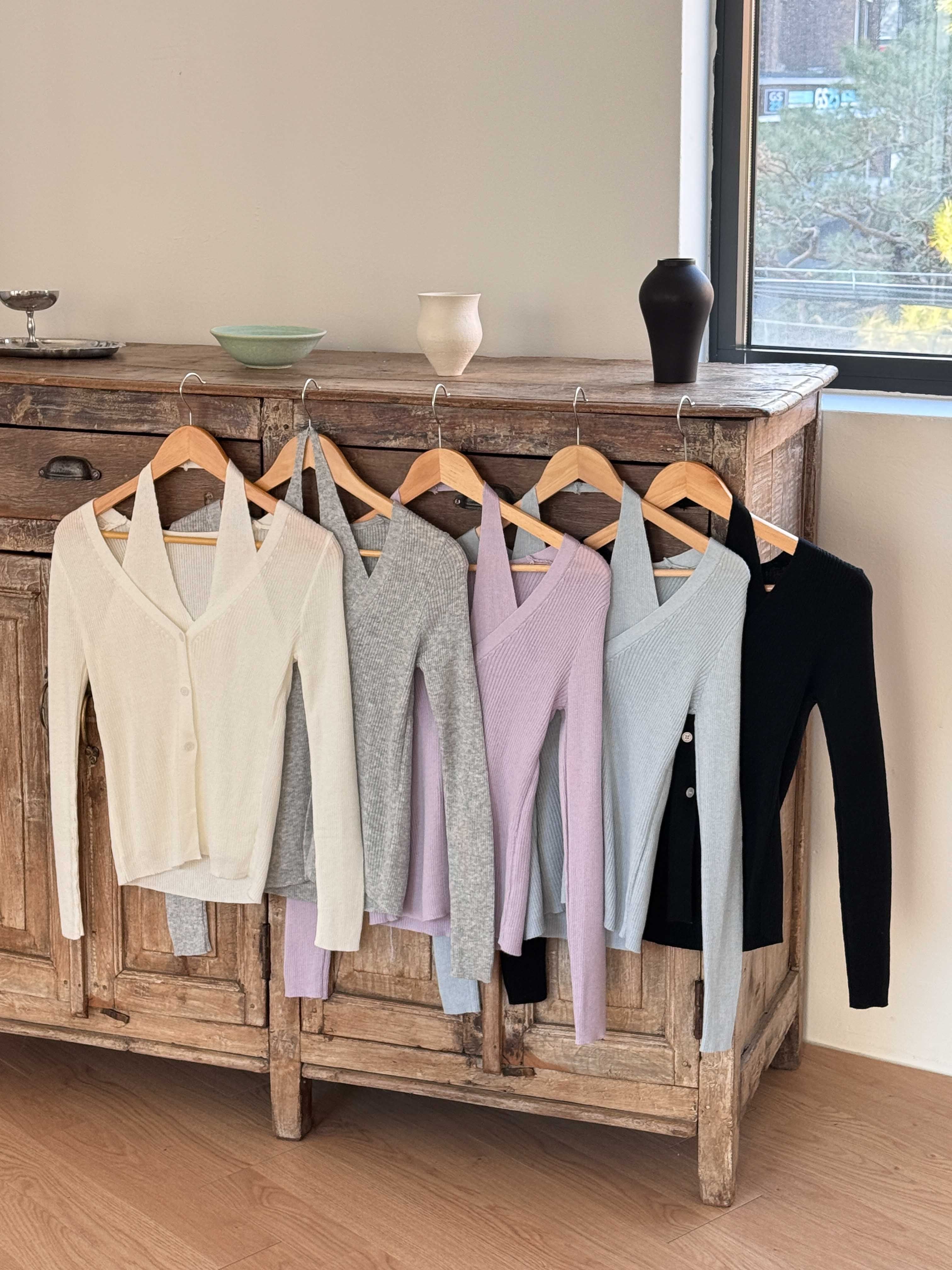 リブウール混ボタンVネックホルターネックスリットスリムレイヤード風長袖無地カーディガン | 詳細画像9