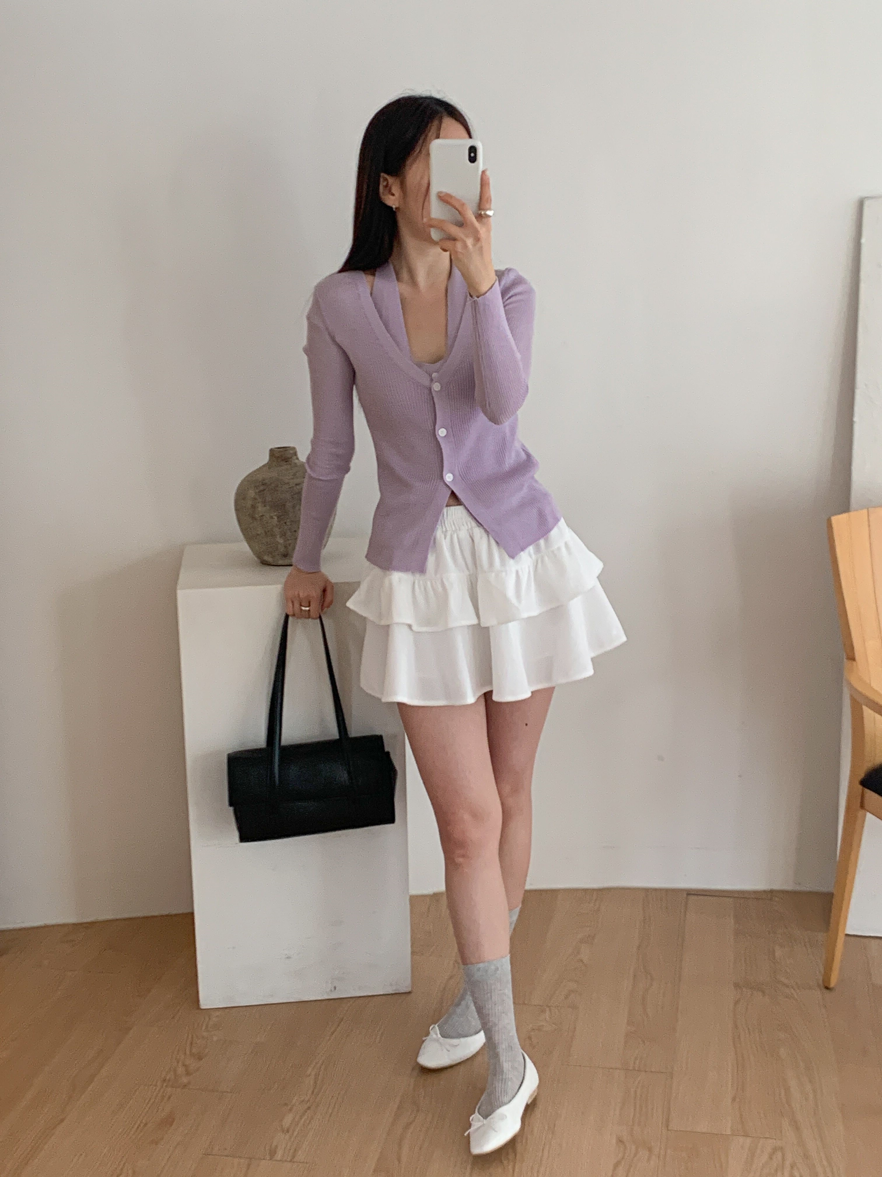 リブウール混ボタンVネックホルターネックスリットスリムレイヤード風長袖無地カーディガン | 詳細画像12