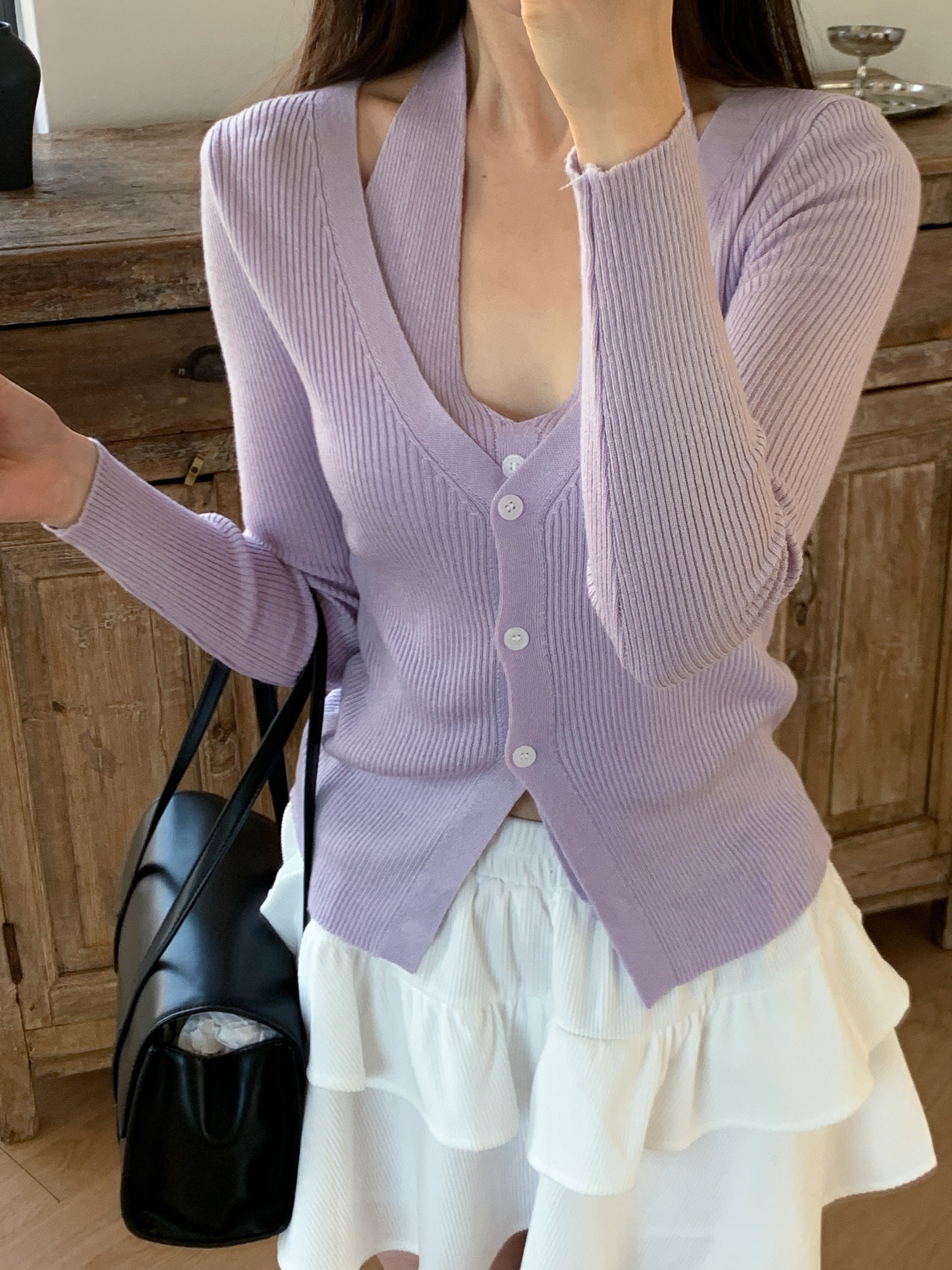 リブウール混ボタンVネックホルターネックスリットスリムレイヤード風長袖無地カーディガン | 詳細画像13