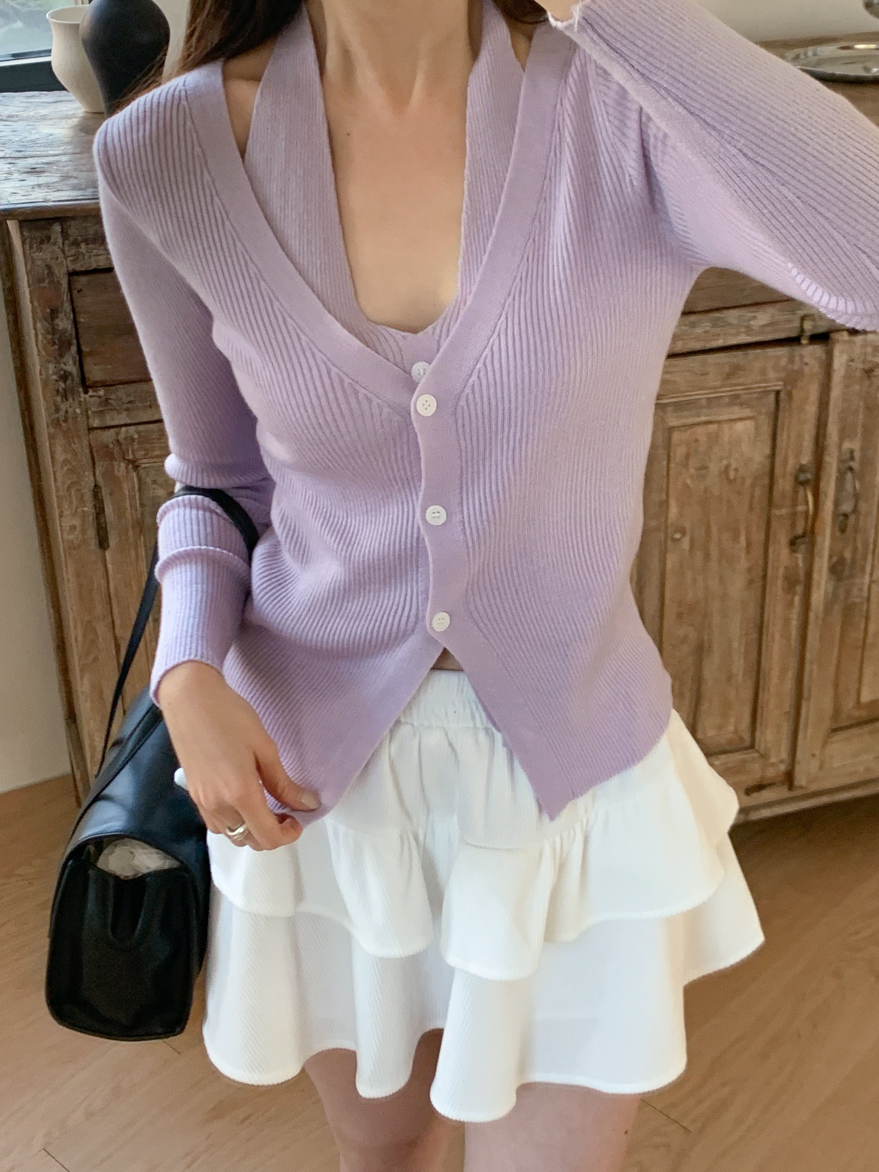 リブウール混ボタンVネックホルターネックスリットスリムレイヤード風長袖無地カーディガン | 詳細画像14