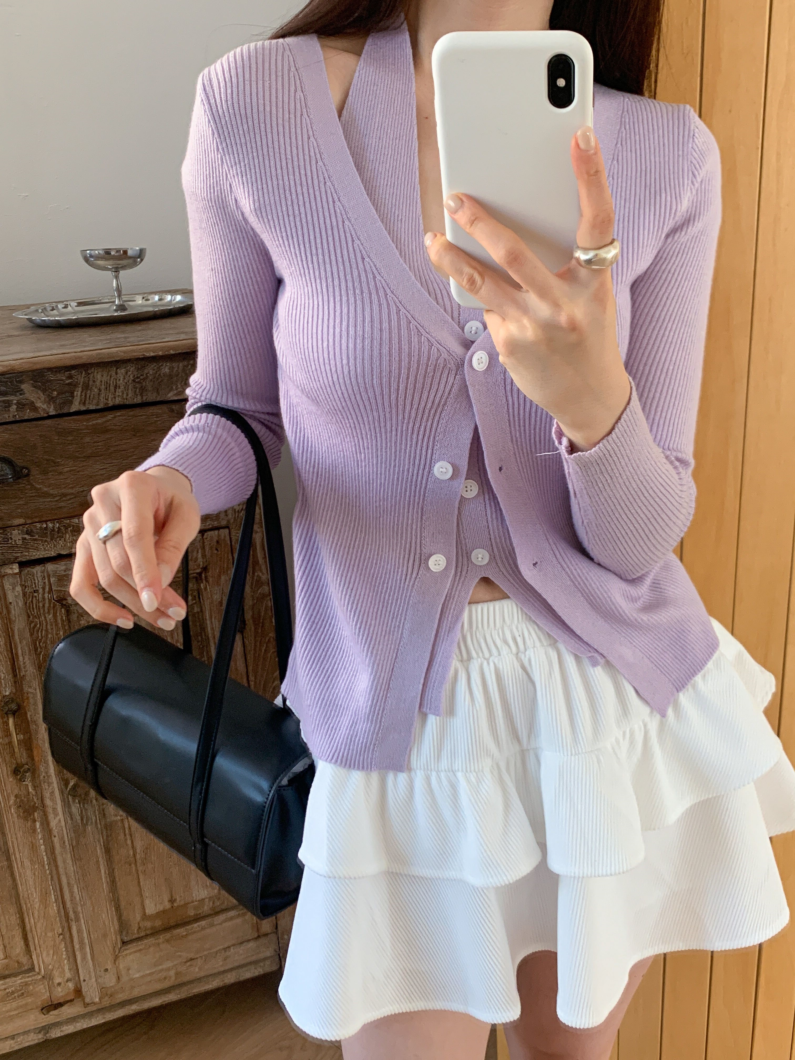 リブウール混ボタンVネックホルターネックスリットスリムレイヤード風長袖無地カーディガン | 詳細画像16