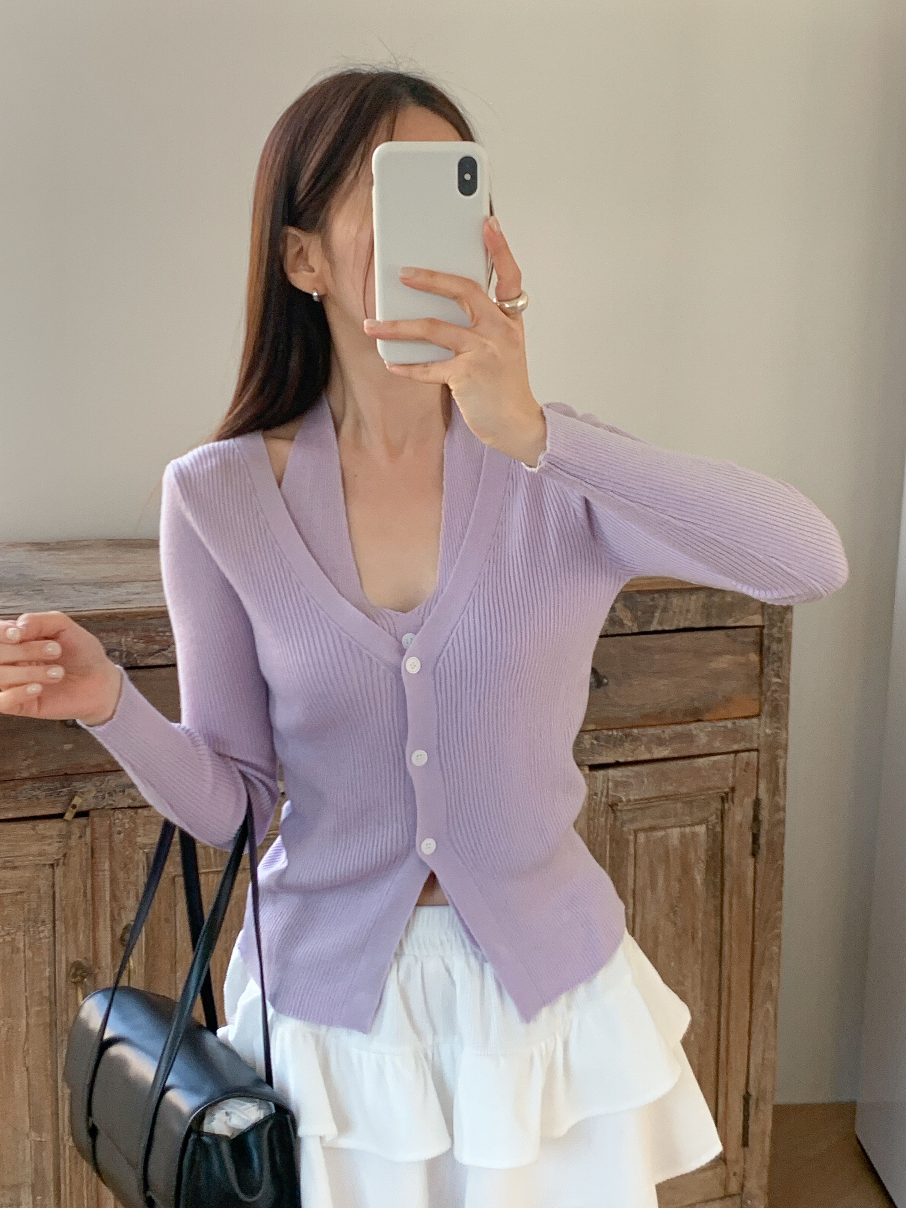 リブウール混ボタンVネックホルターネックスリットスリムレイヤード風長袖無地カーディガン | 詳細画像17