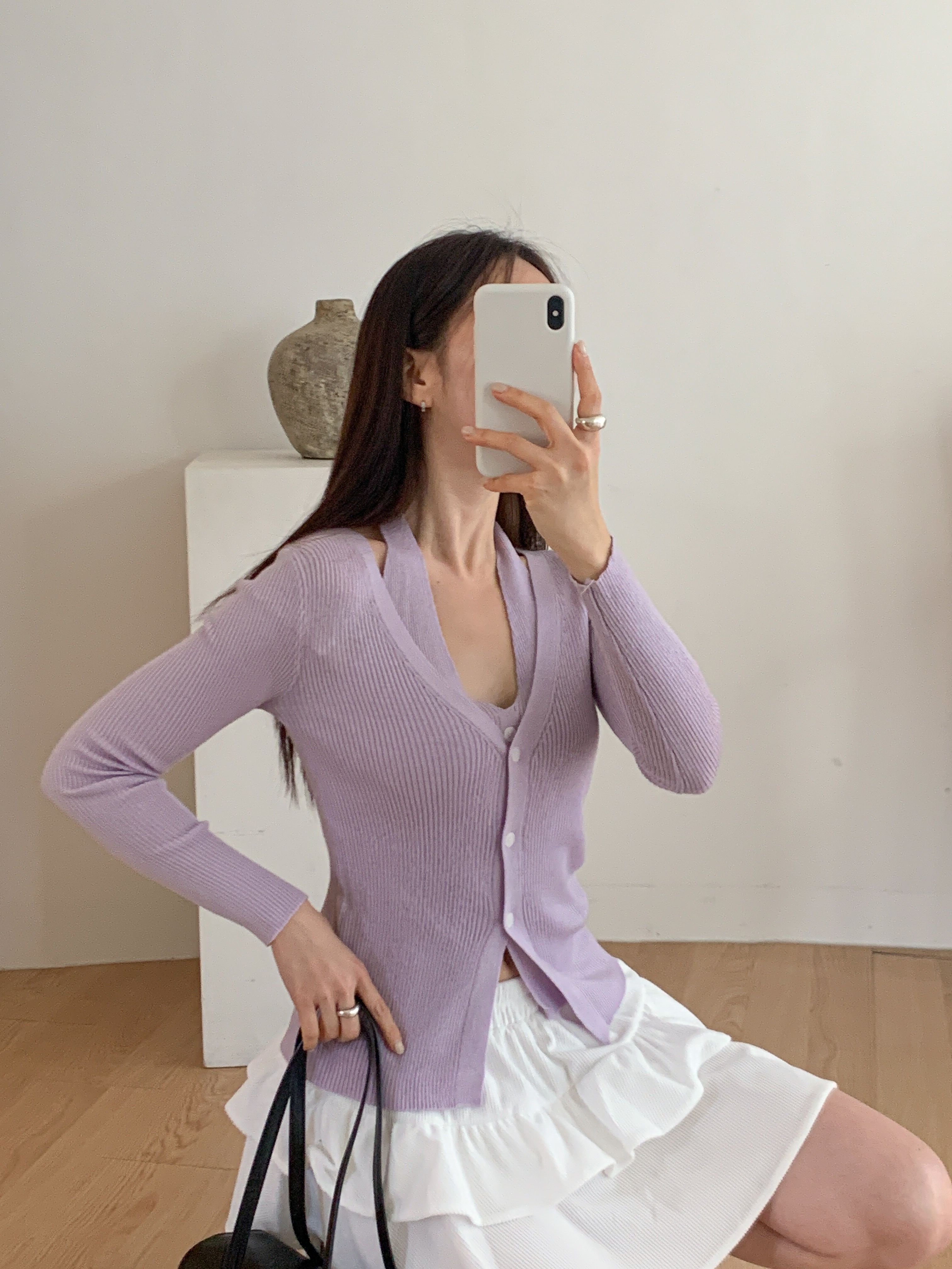 リブウール混ボタンVネックホルターネックスリットスリムレイヤード風長袖無地カーディガン | 詳細画像20