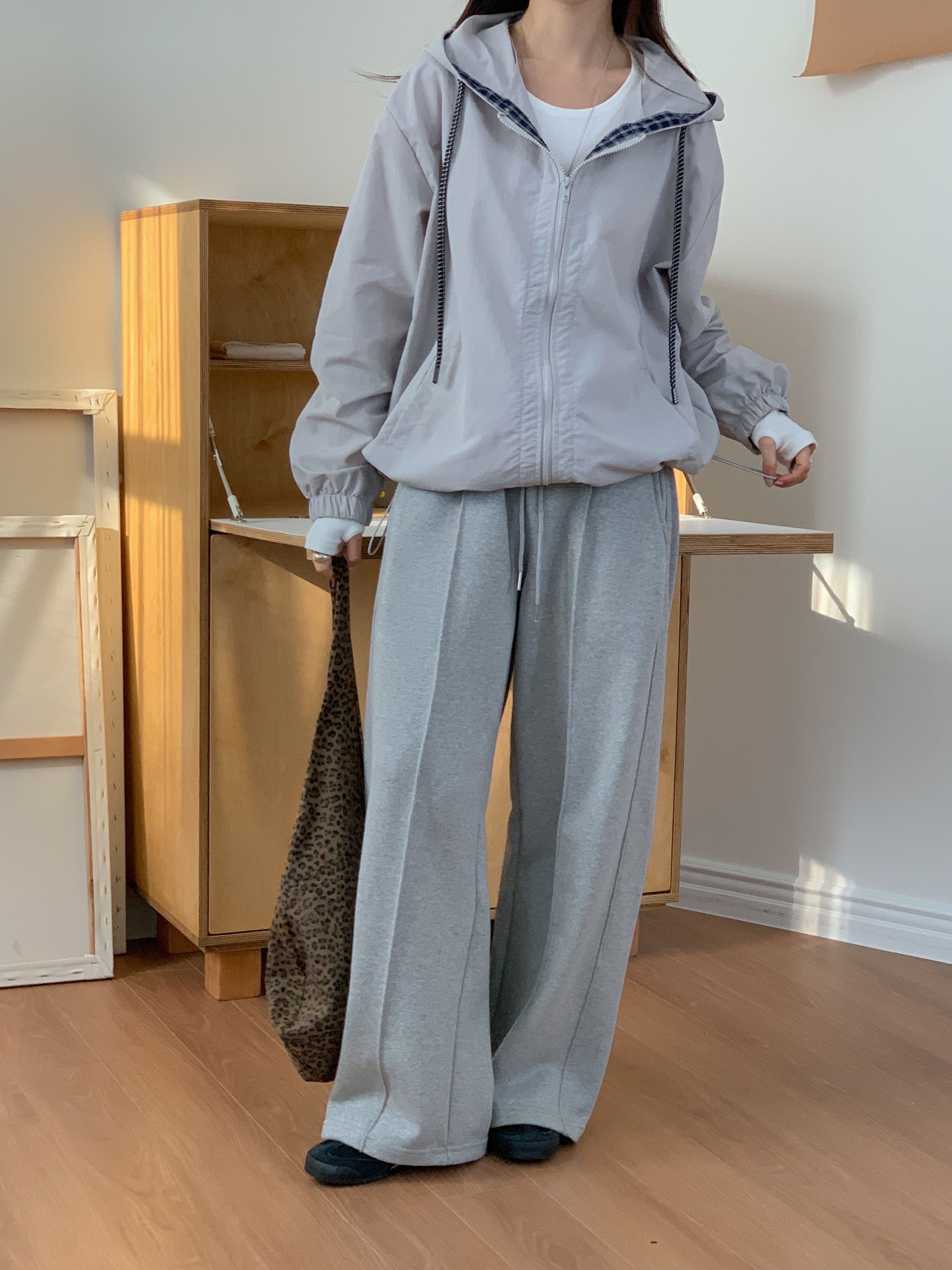 コンビナイロンジップアップフードドローストリングオーバーサイズ長袖カンガルーポケットチェックジャンパー | 詳細画像10