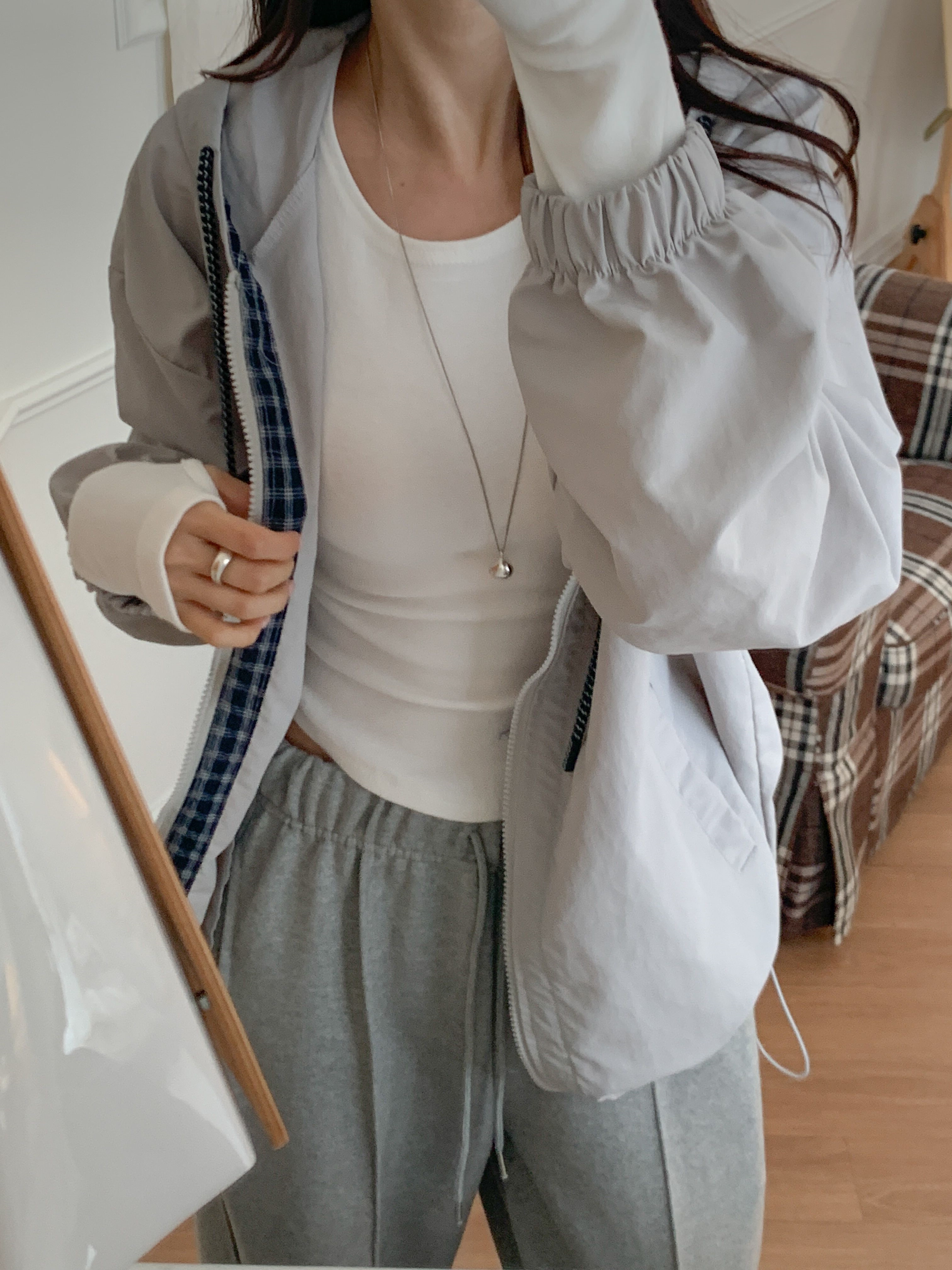 コンビナイロンジップアップフードドローストリングオーバーサイズ長袖カンガルーポケットチェックジャンパー | 詳細画像11