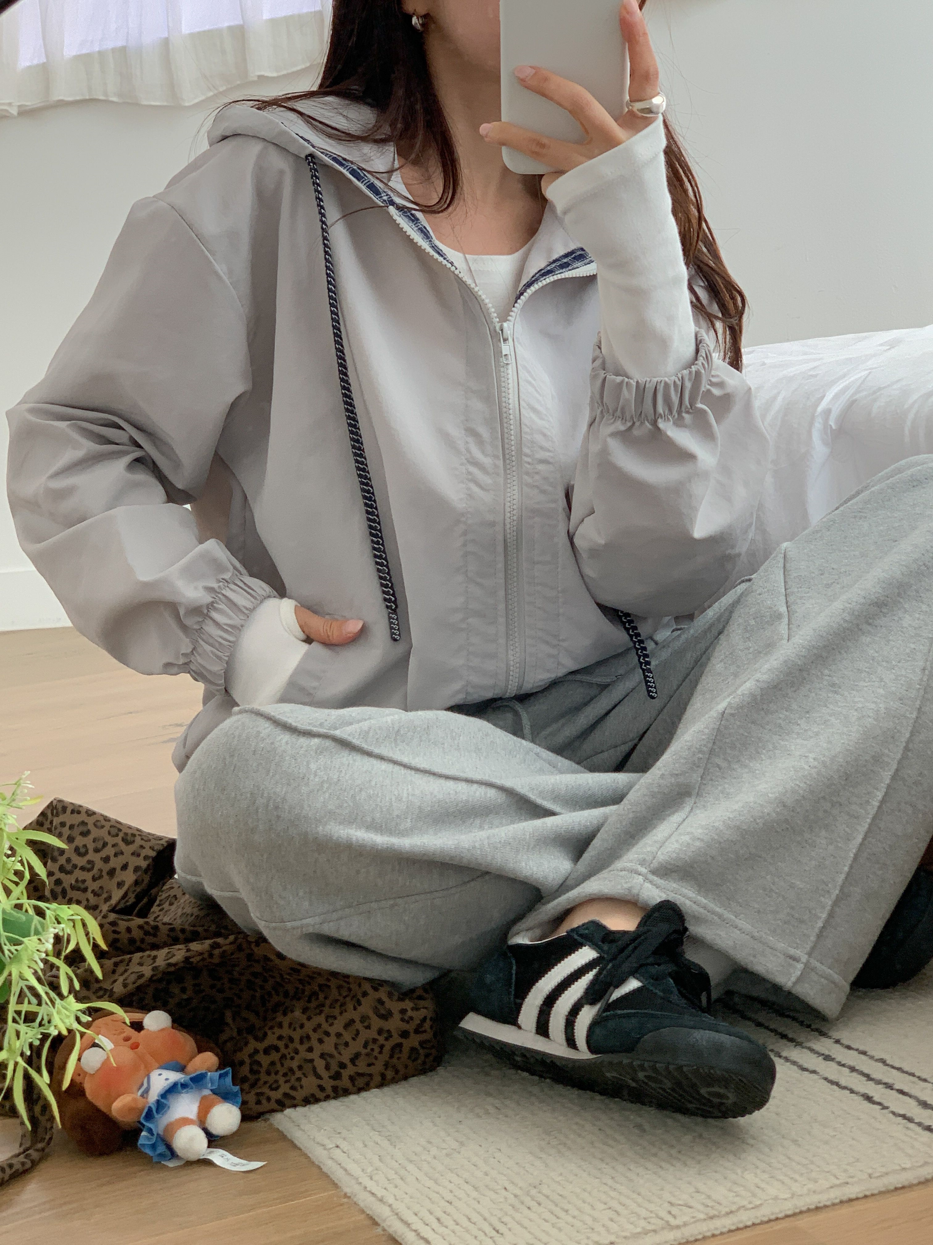 コンビナイロンジップアップフードドローストリングオーバーサイズ長袖カンガルーポケットチェックジャンパー | 詳細画像17