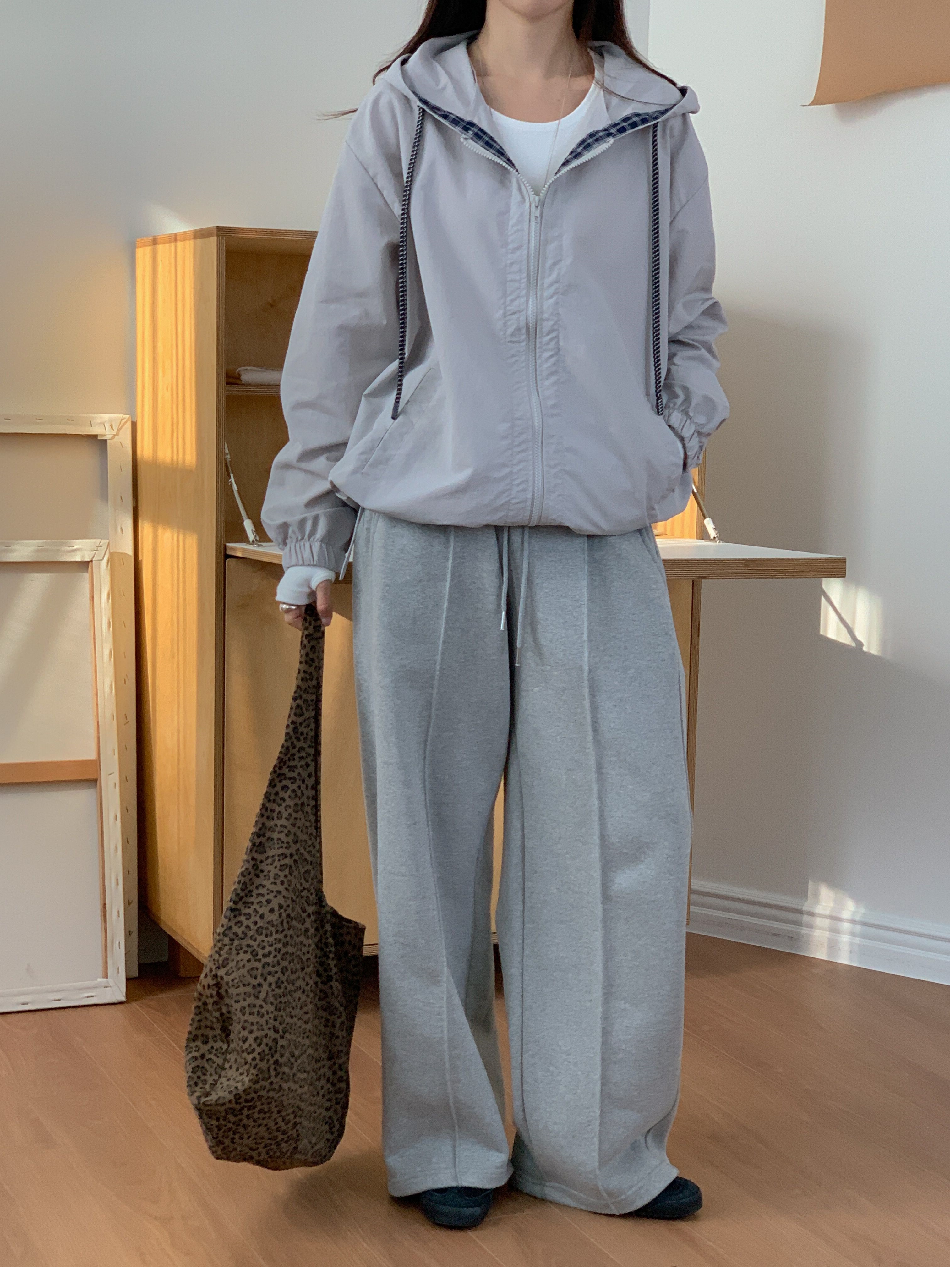 コンビナイロンジップアップフードドローストリングオーバーサイズ長袖カンガルーポケットチェックジャンパー | 詳細画像20