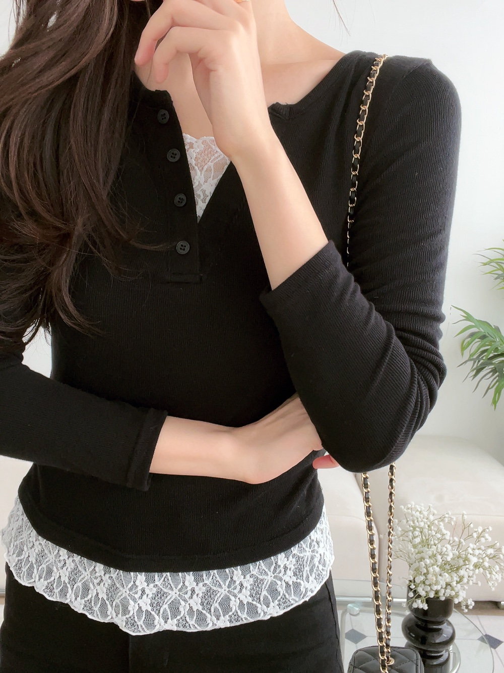 コンビ花柄レースラウンドネックスリムレイヤード風長袖フェイクボタン無地Tシャツ | 詳細画像3