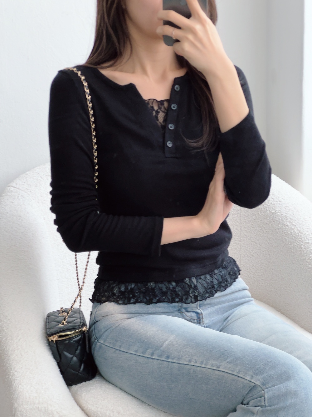 コンビ花柄レースラウンドネックスリムレイヤード風長袖フェイクボタン無地Tシャツ | 詳細画像6