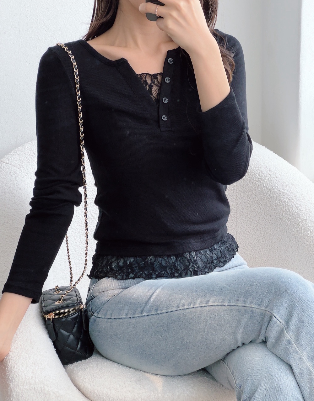 コンビ花柄レースラウンドネックスリムレイヤード風長袖フェイクボタン無地Tシャツ | 詳細画像8