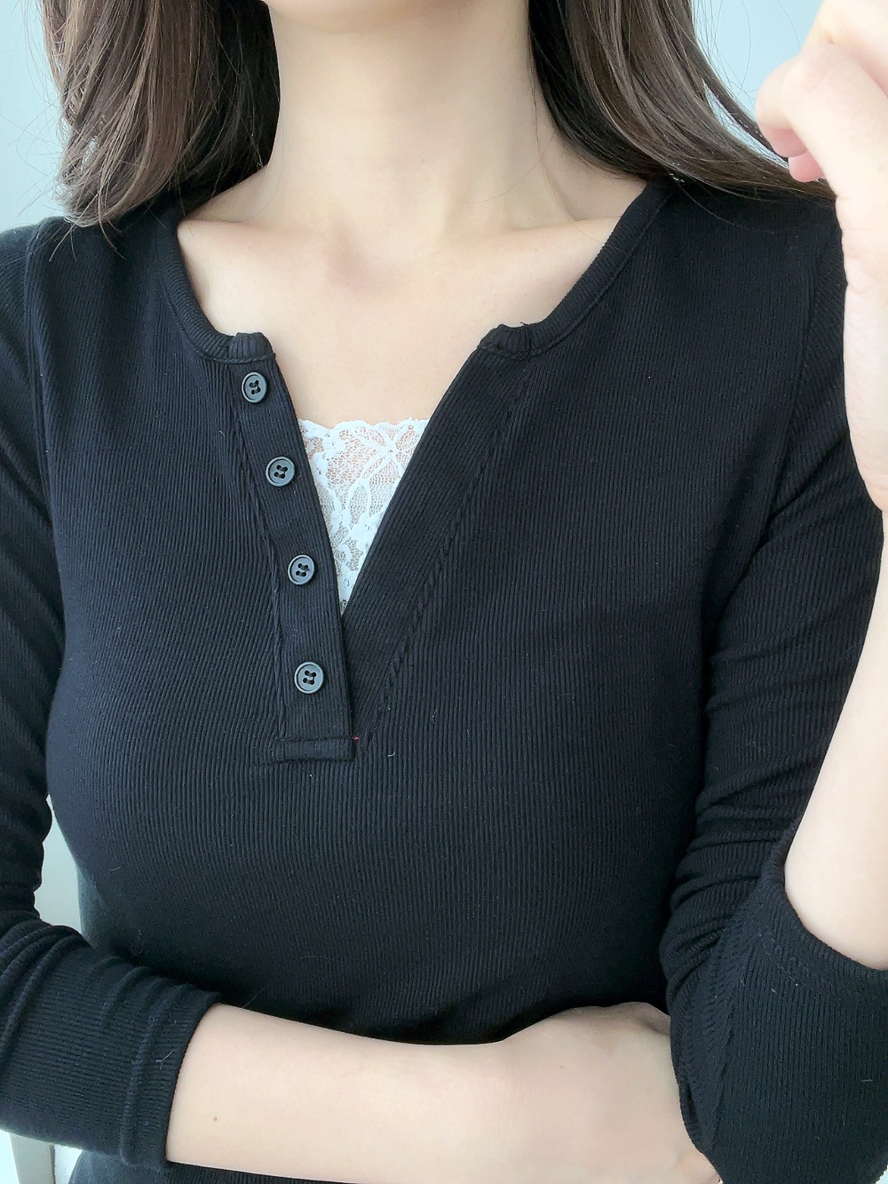 コンビ花柄レースラウンドネックスリムレイヤード風長袖フェイクボタン無地Tシャツ | 詳細画像10