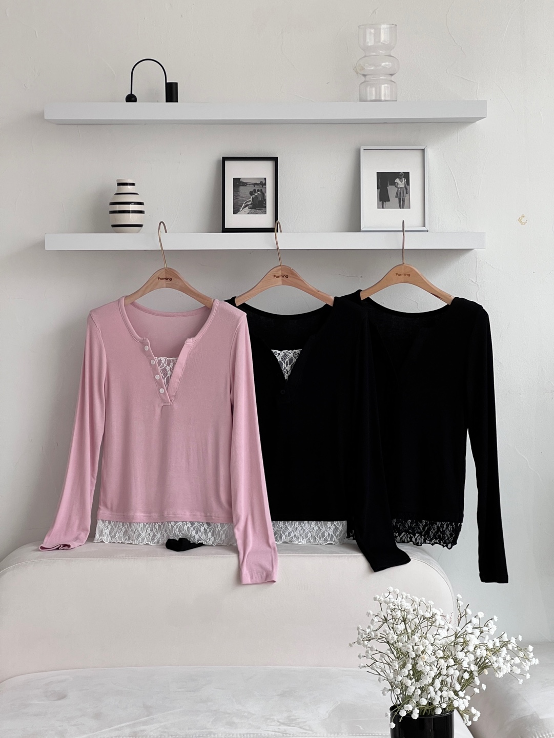 コンビ花柄レースラウンドネックスリムレイヤード風長袖フェイクボタン無地Tシャツ | 詳細画像12