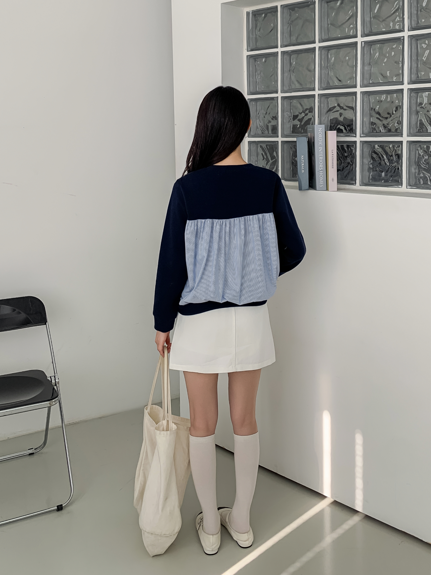 コンビラウンドネックパフスリーブルーズ長袖ギャザーストライプスウェット | 詳細画像22