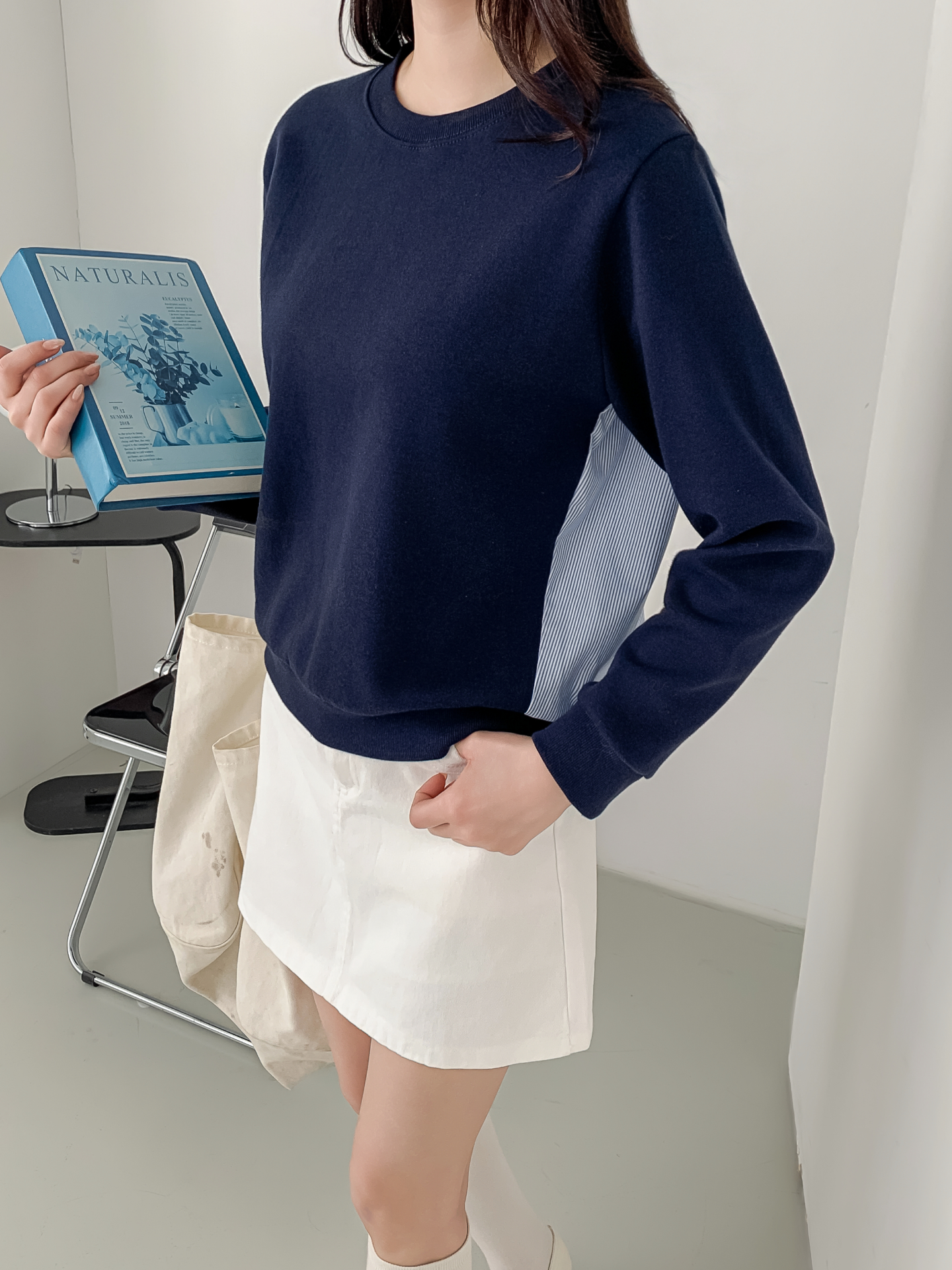 コンビラウンドネックパフスリーブルーズ長袖ギャザーストライプスウェット | 詳細画像30