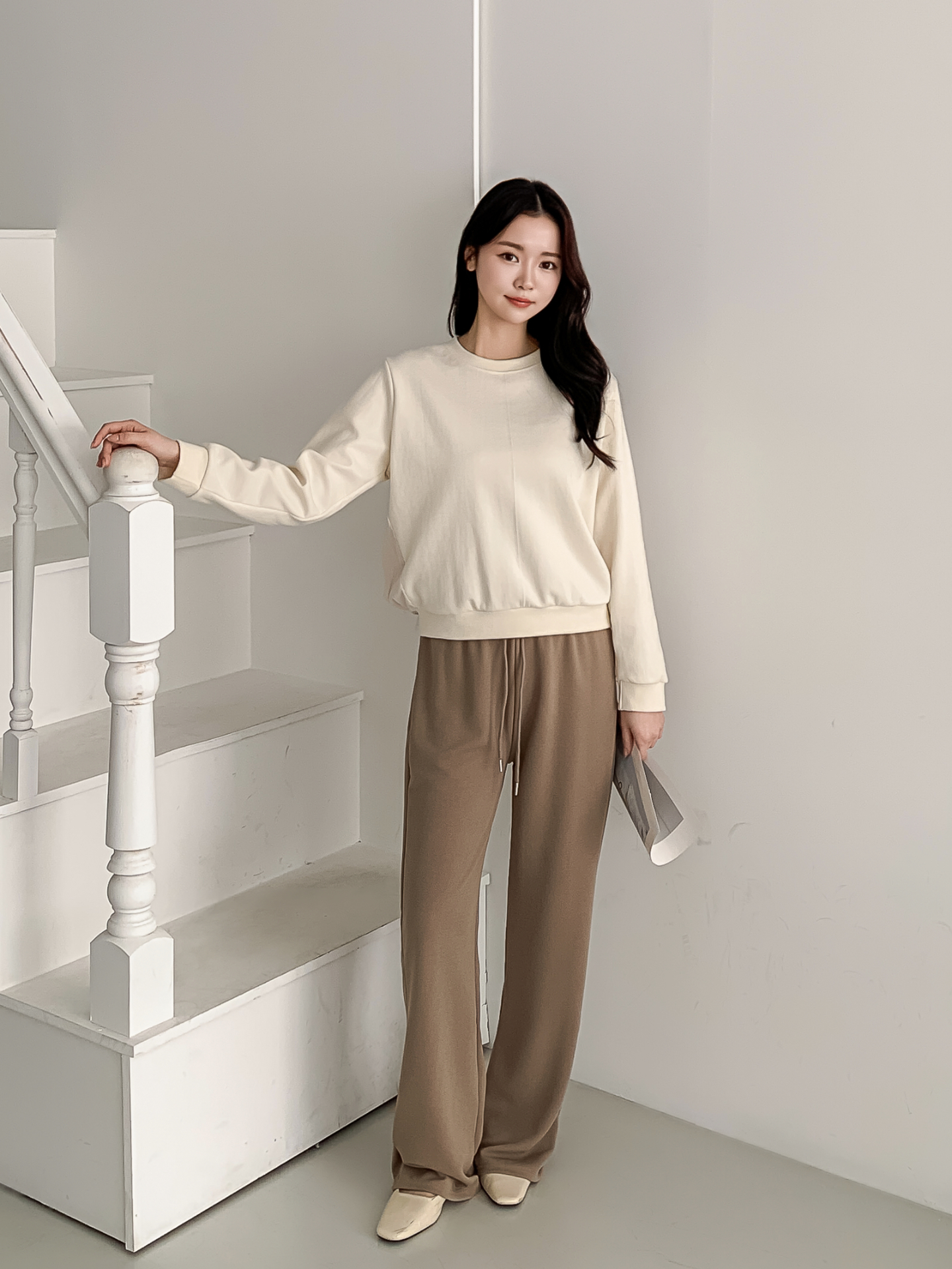 コンビラウンドネックパフスリーブルーズ長袖ギャザーストライプスウェット | 詳細画像6