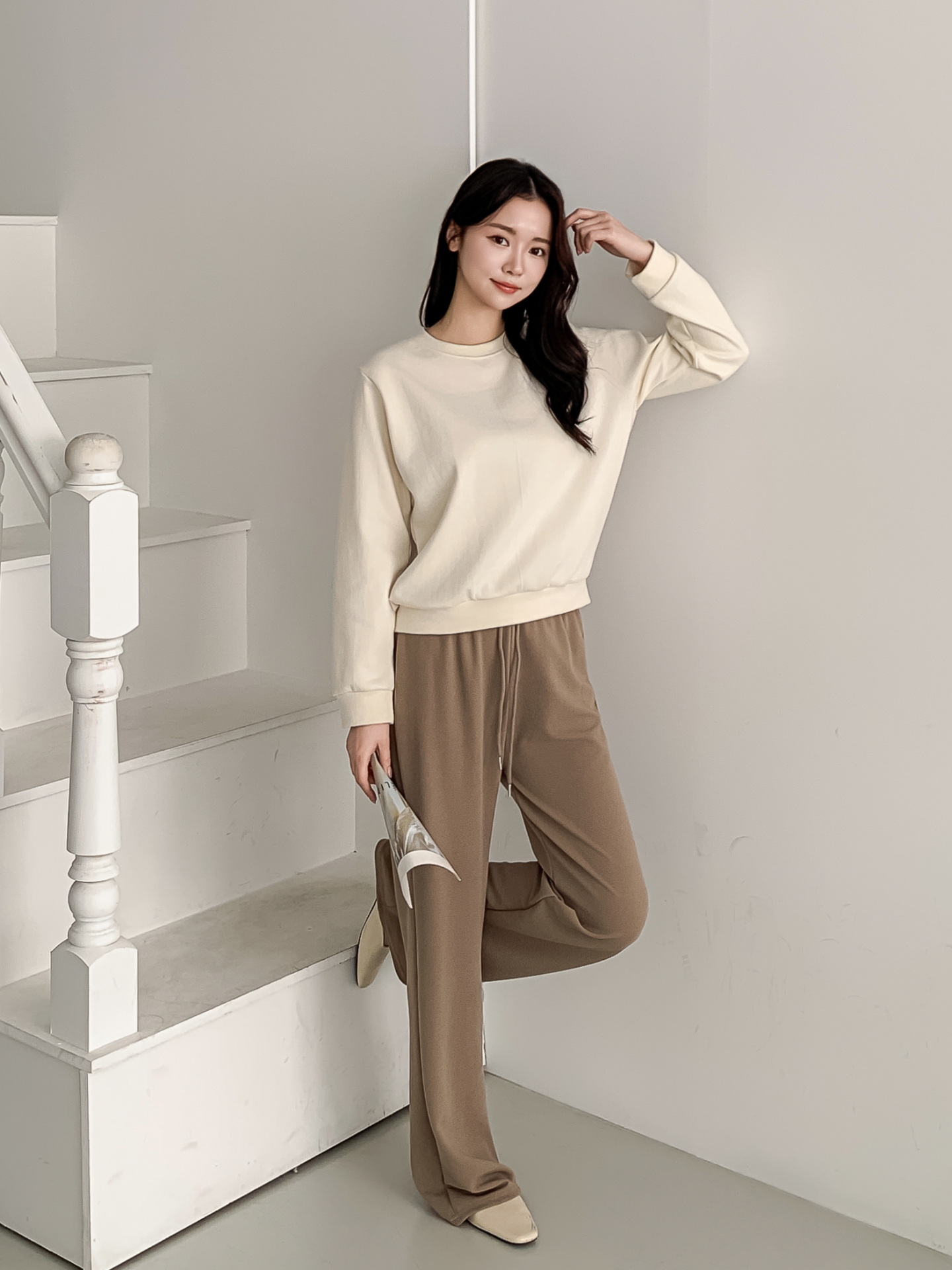 コンビラウンドネックパフスリーブルーズ長袖ギャザーストライプスウェット | 詳細画像8