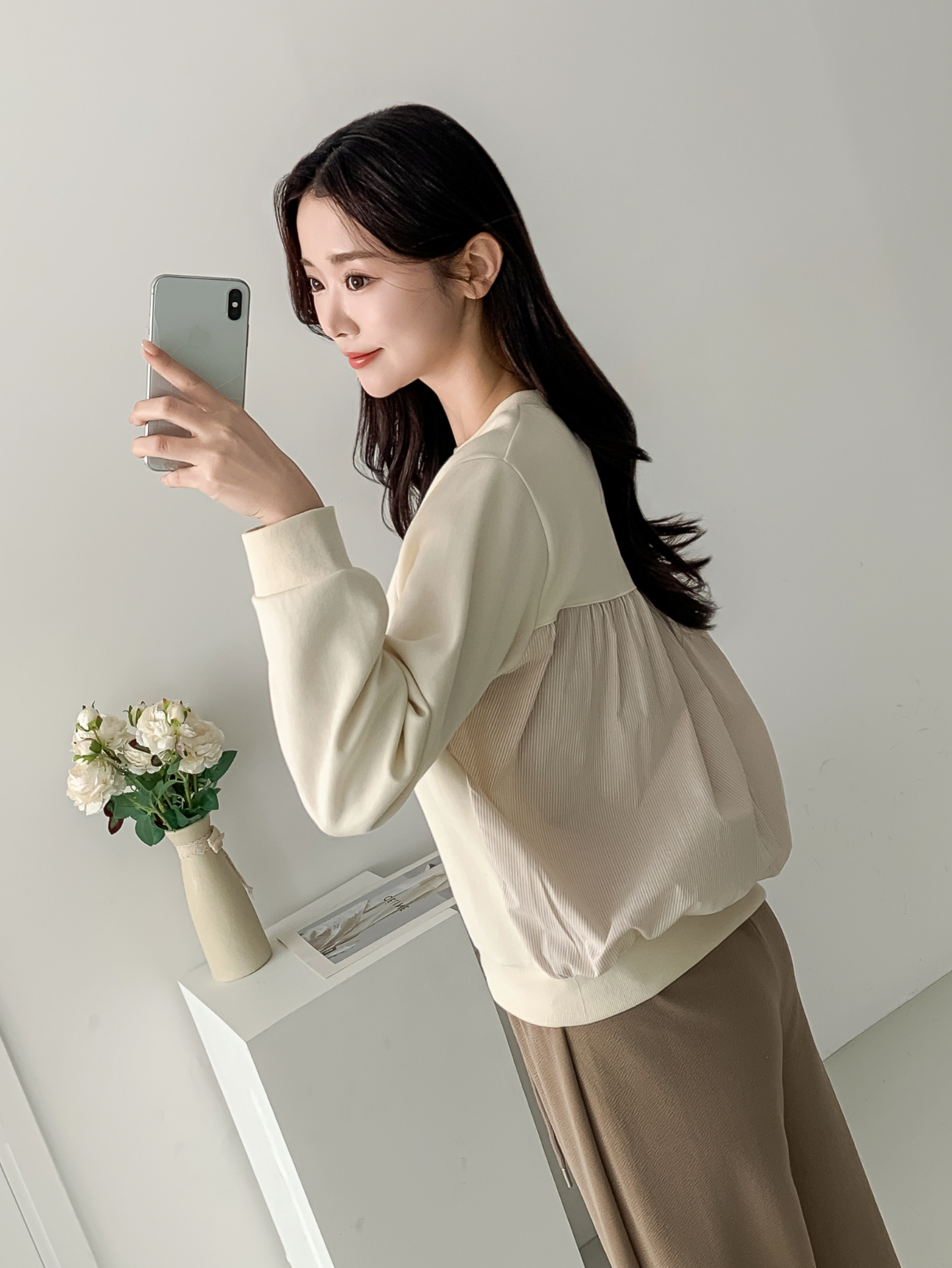 コンビラウンドネックパフスリーブルーズ長袖ギャザーストライプスウェット | 詳細画像9