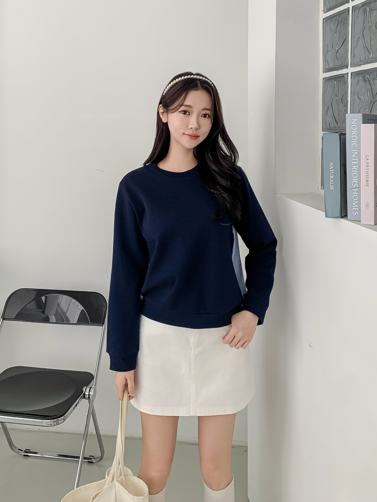 コンビラウンドネックパフスリーブルーズ長袖ギャザーストライプスウェット | 詳細画像18