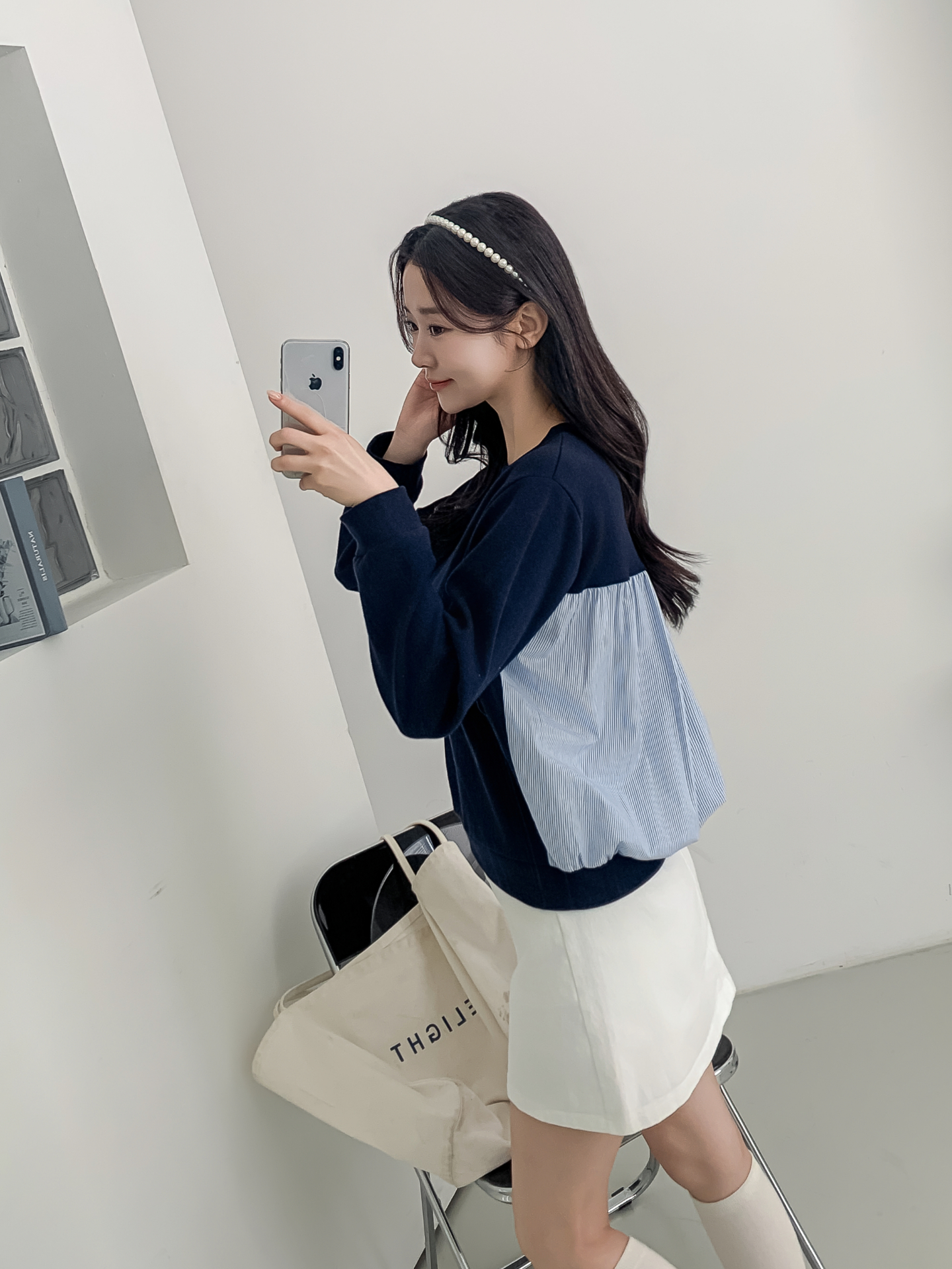 コンビラウンドネックパフスリーブルーズ長袖ギャザーストライプスウェット | 詳細画像28