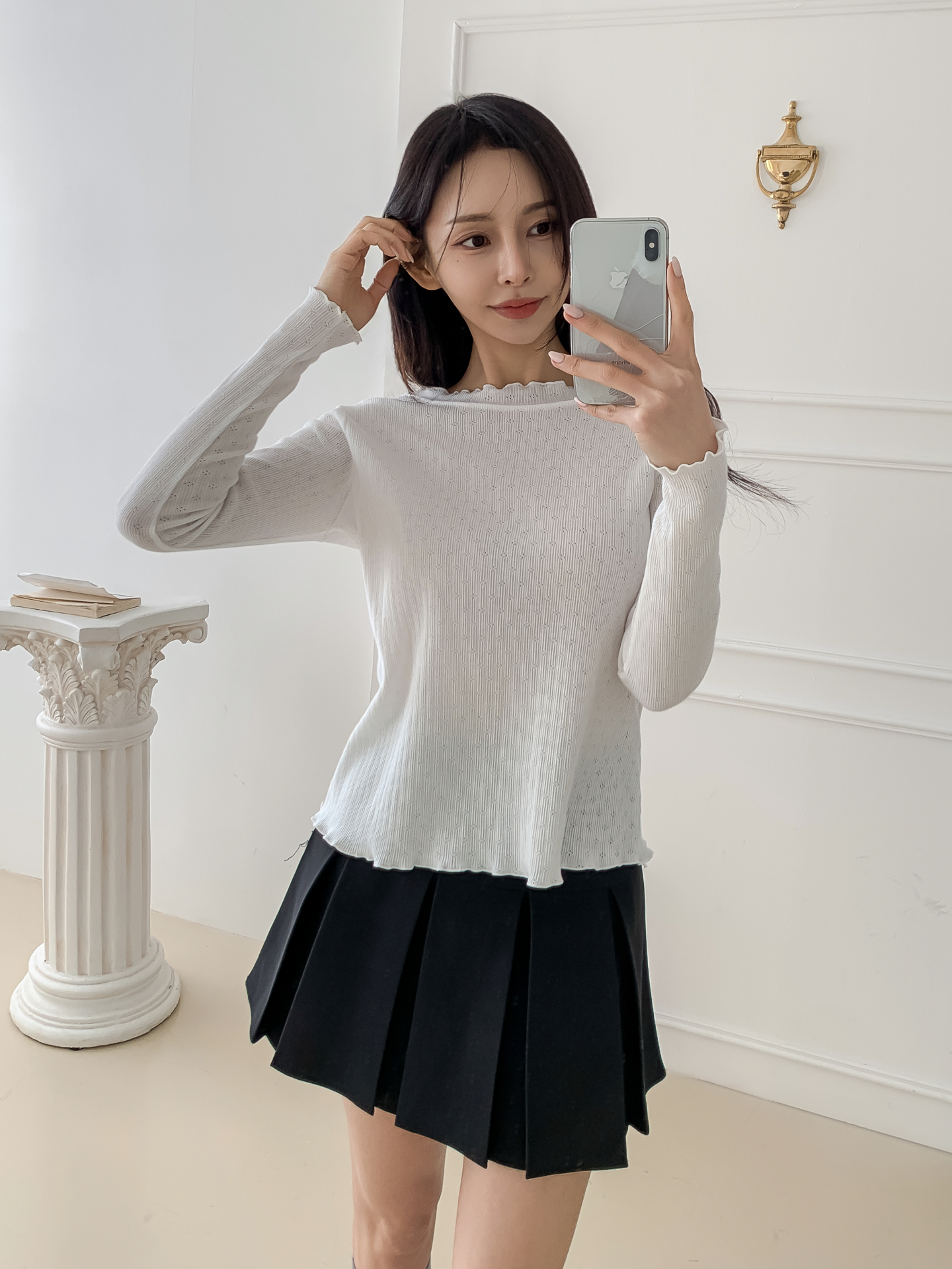 リブメロウパンチングベルスリーブ長袖フリル ネックTシャツ | 詳細画像16