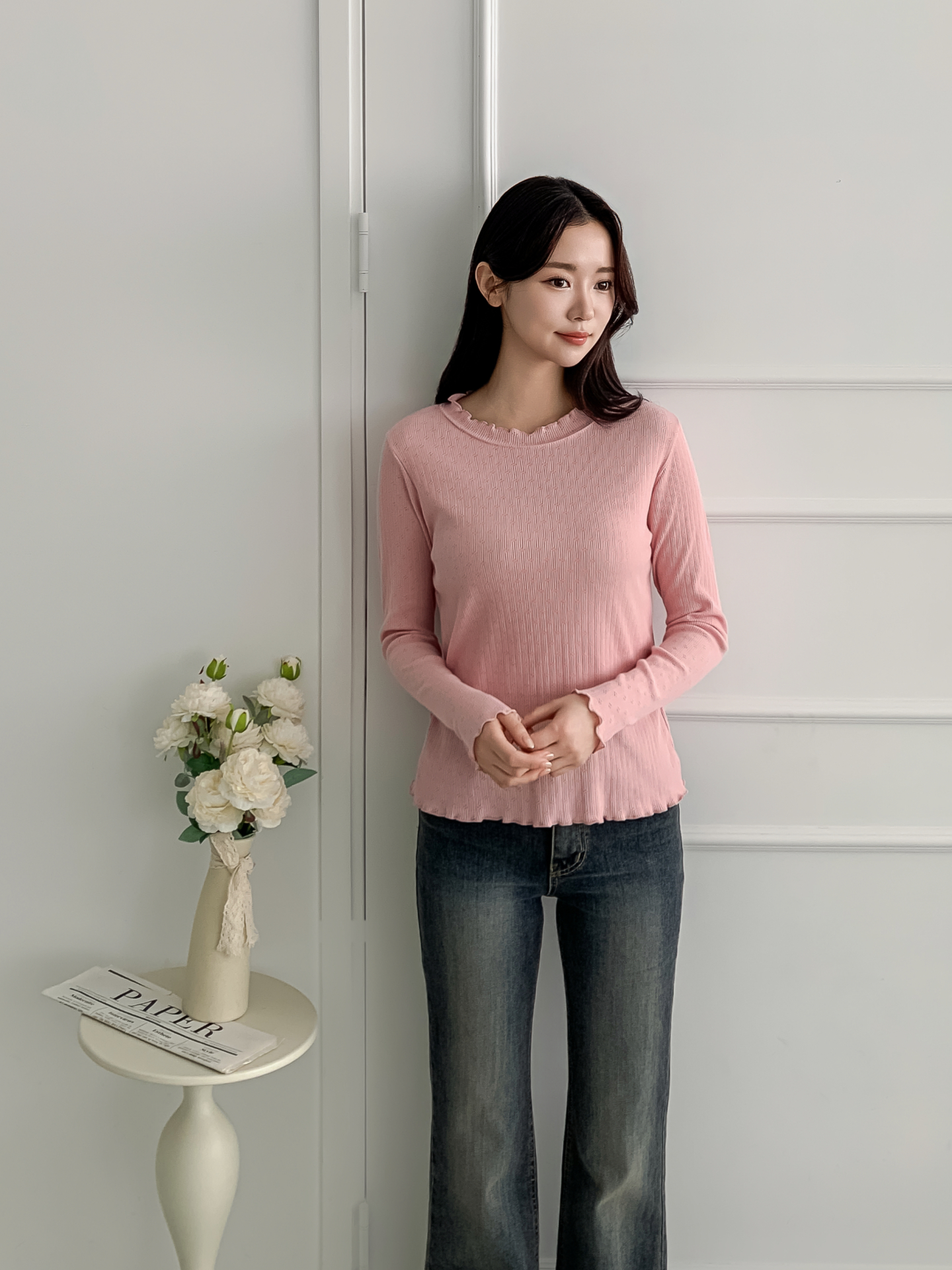 リブメロウパンチングベルスリーブ長袖フリル ネックTシャツ | 詳細画像18