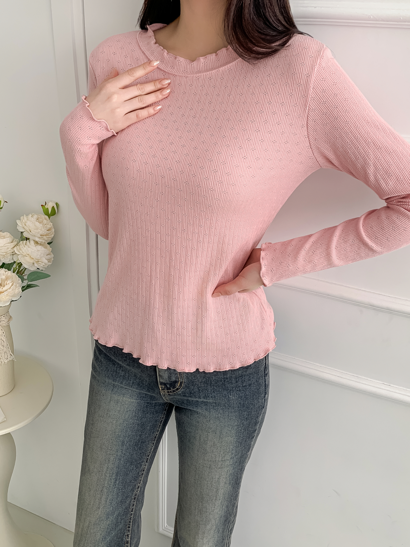 リブメロウパンチングベルスリーブ長袖フリル ネックTシャツ | 詳細画像23