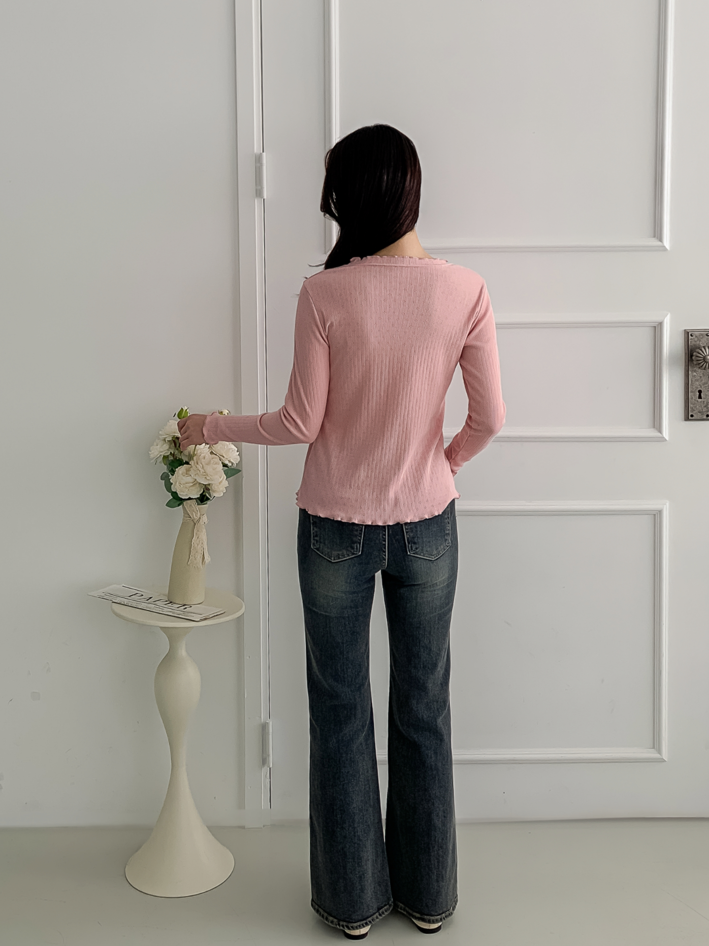 リブメロウパンチングベルスリーブ長袖フリル ネックTシャツ | 詳細画像20