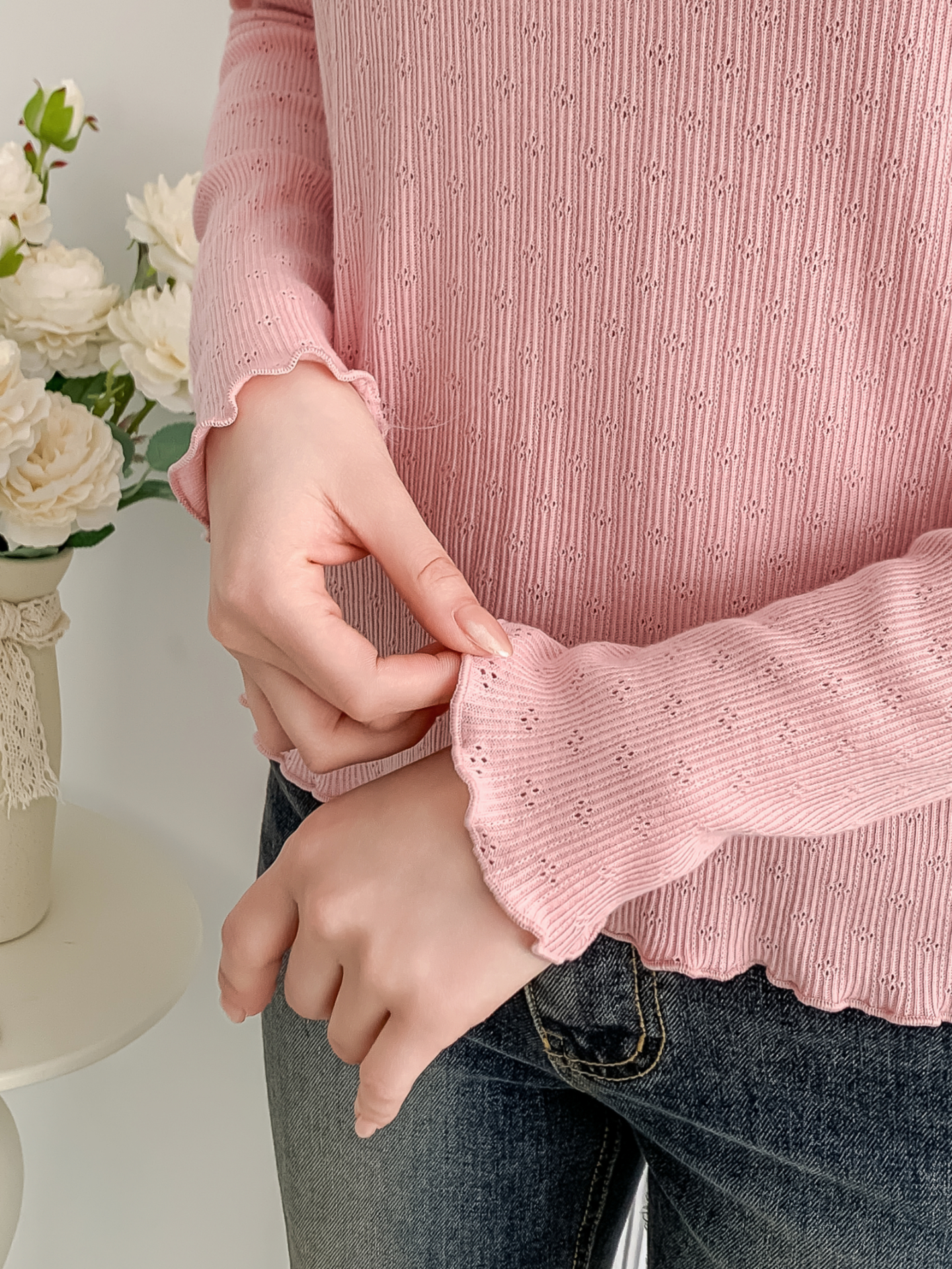 リブメロウパンチングベルスリーブ長袖フリル ネックTシャツ | 詳細画像25