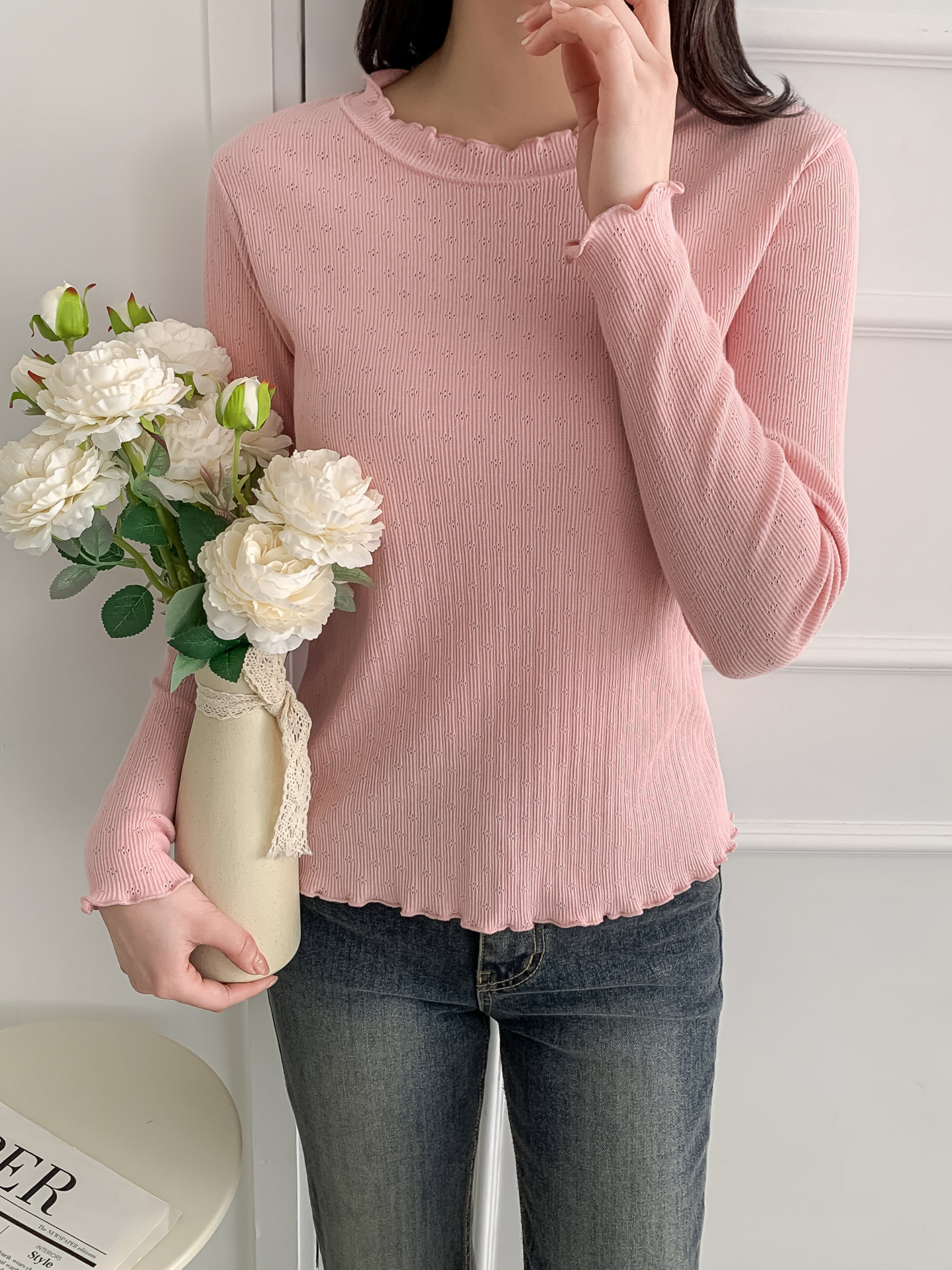 リブメロウパンチングベルスリーブ長袖フリル ネックTシャツ | 詳細画像27