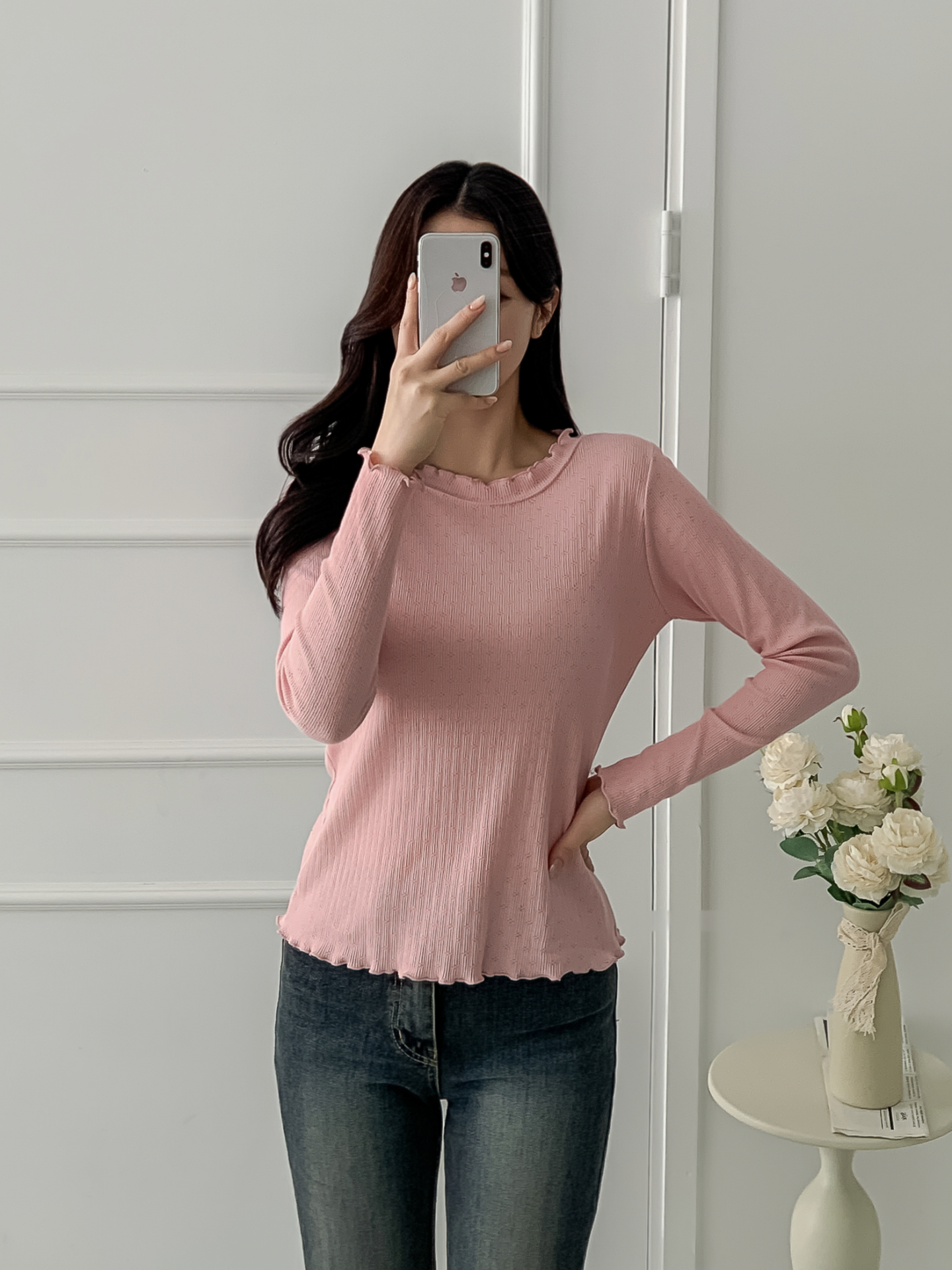 リブメロウパンチングベルスリーブ長袖フリル ネックTシャツ | 詳細画像21