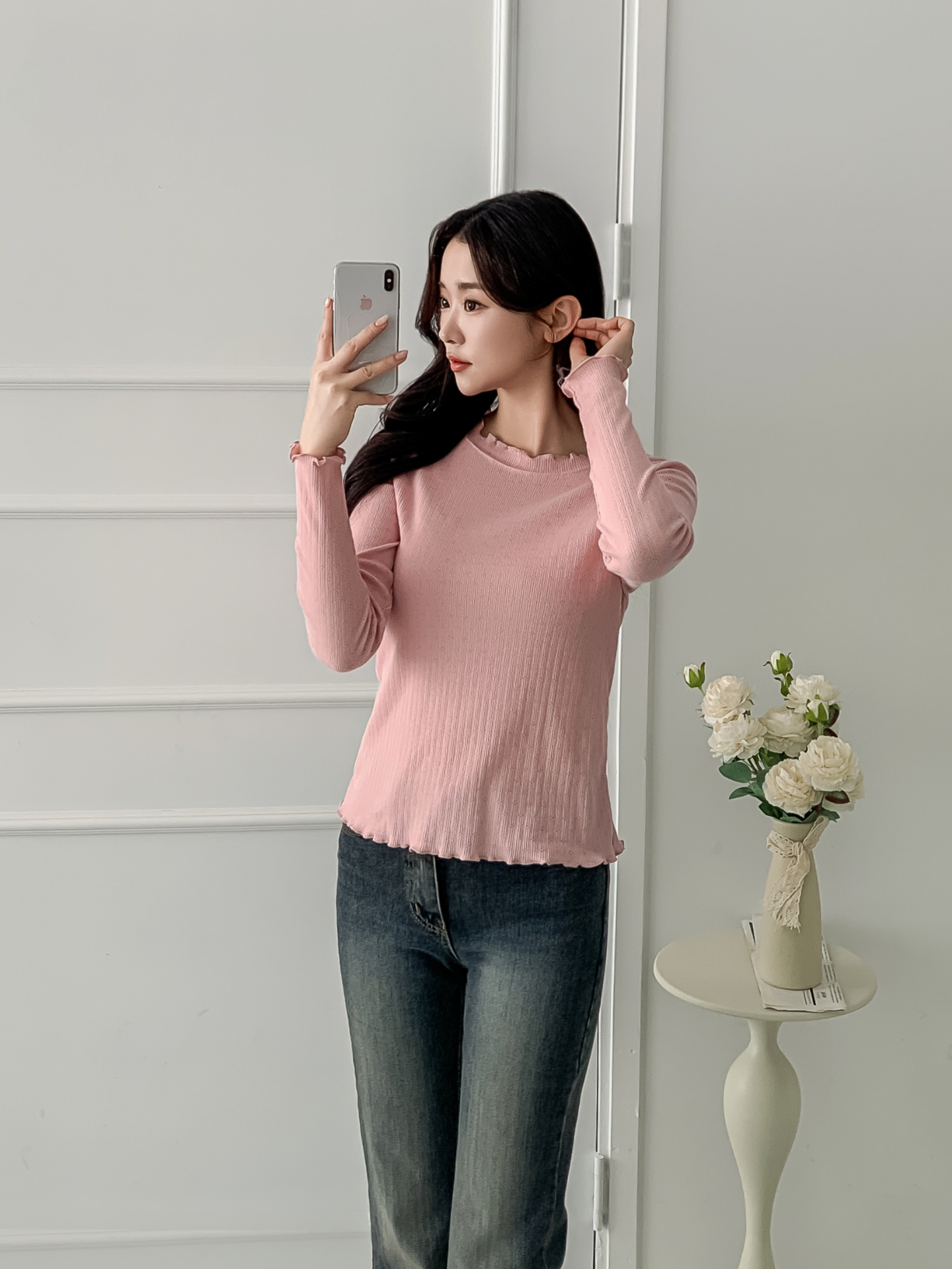 リブメロウパンチングベルスリーブ長袖フリル ネックTシャツ | 詳細画像22