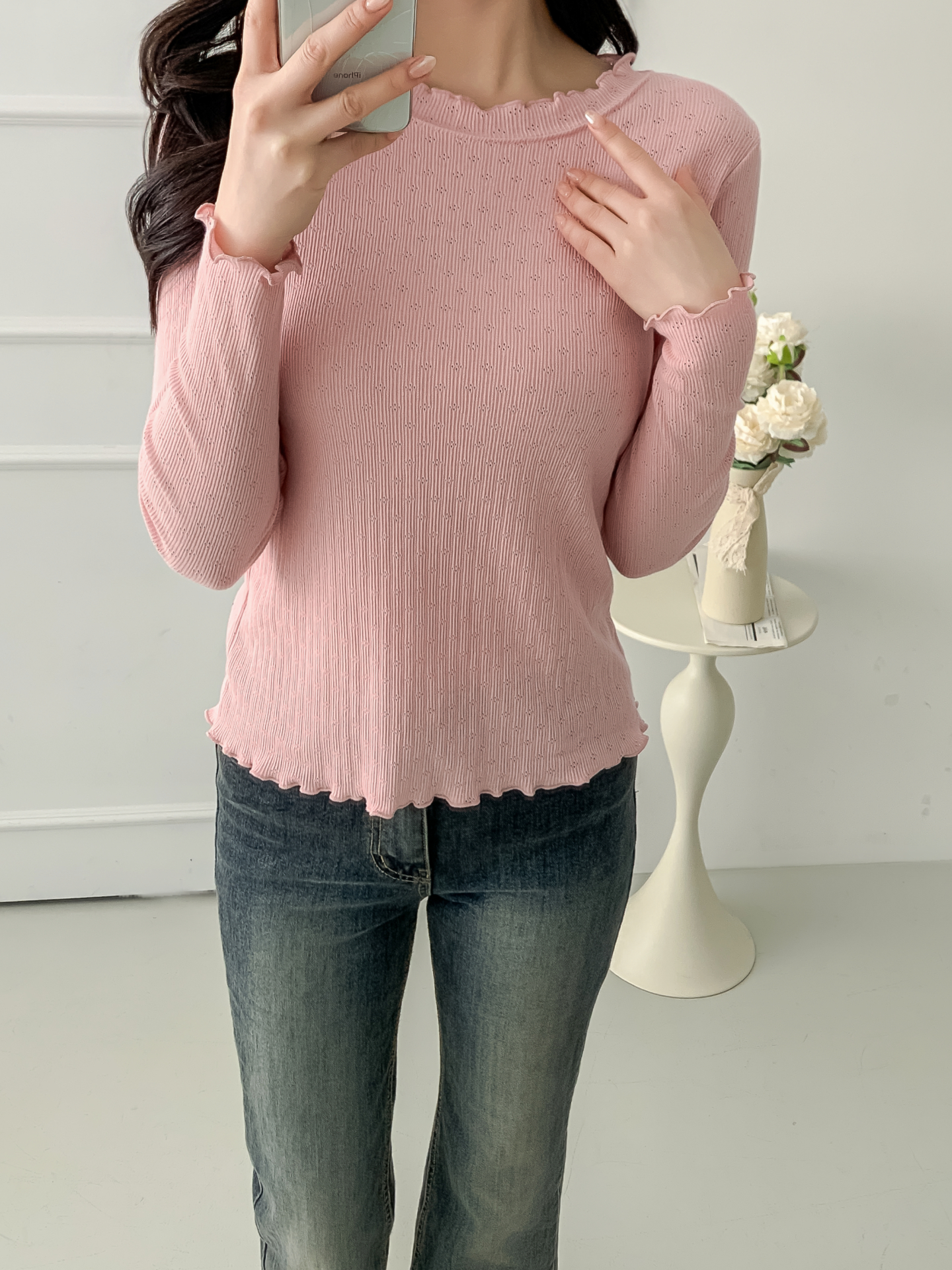 リブメロウパンチングベルスリーブ長袖フリル ネックTシャツ | 詳細画像32