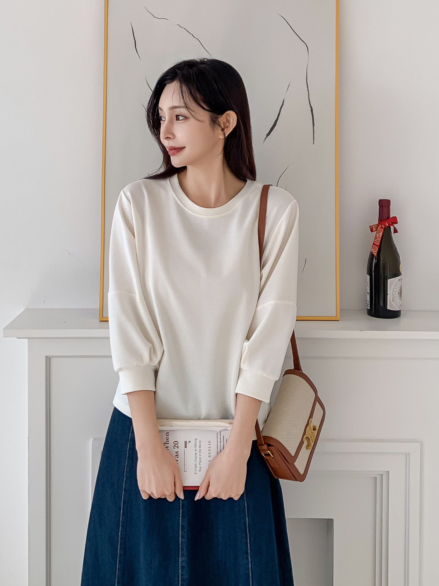 ラウンドネックパフスリーブルーズ7分袖無地スウェット | 詳細画像6