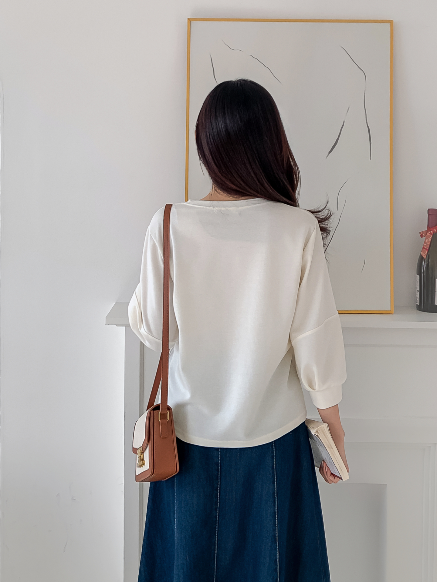 ラウンドネックパフスリーブルーズ7分袖無地スウェット | 詳細画像3