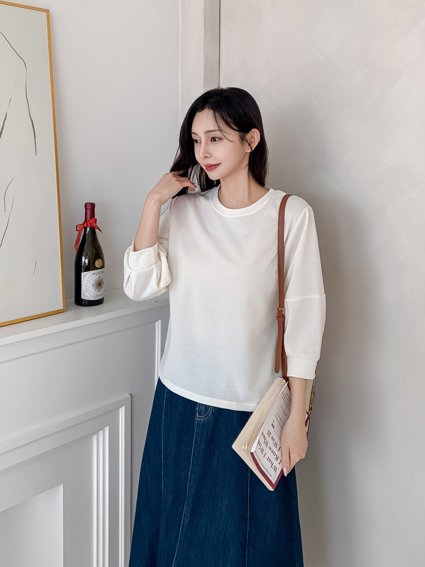 ラウンドネックパフスリーブルーズ7分袖無地スウェット | 詳細画像8