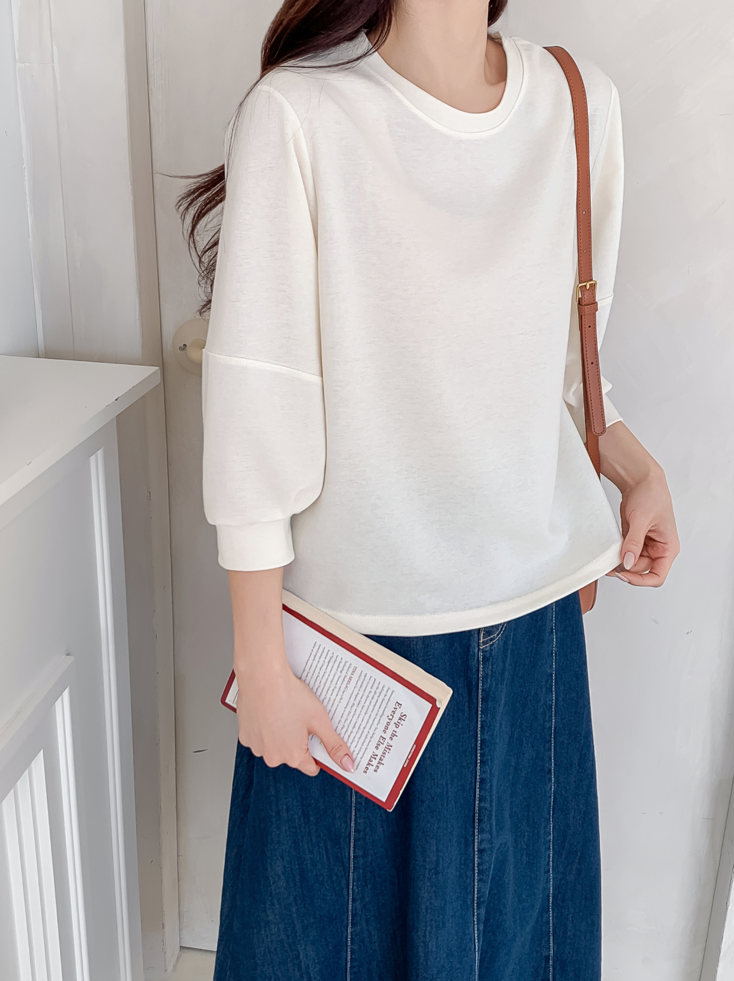 ラウンドネックパフスリーブルーズ7分袖無地スウェット | 詳細画像10