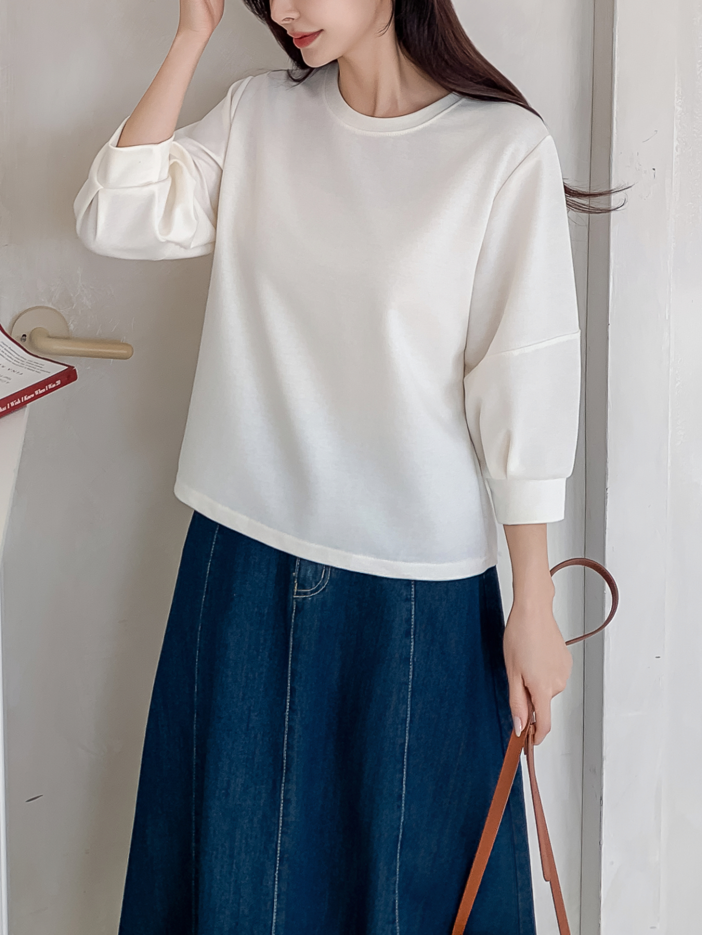 ラウンドネックパフスリーブルーズ7分袖無地スウェット | 詳細画像11