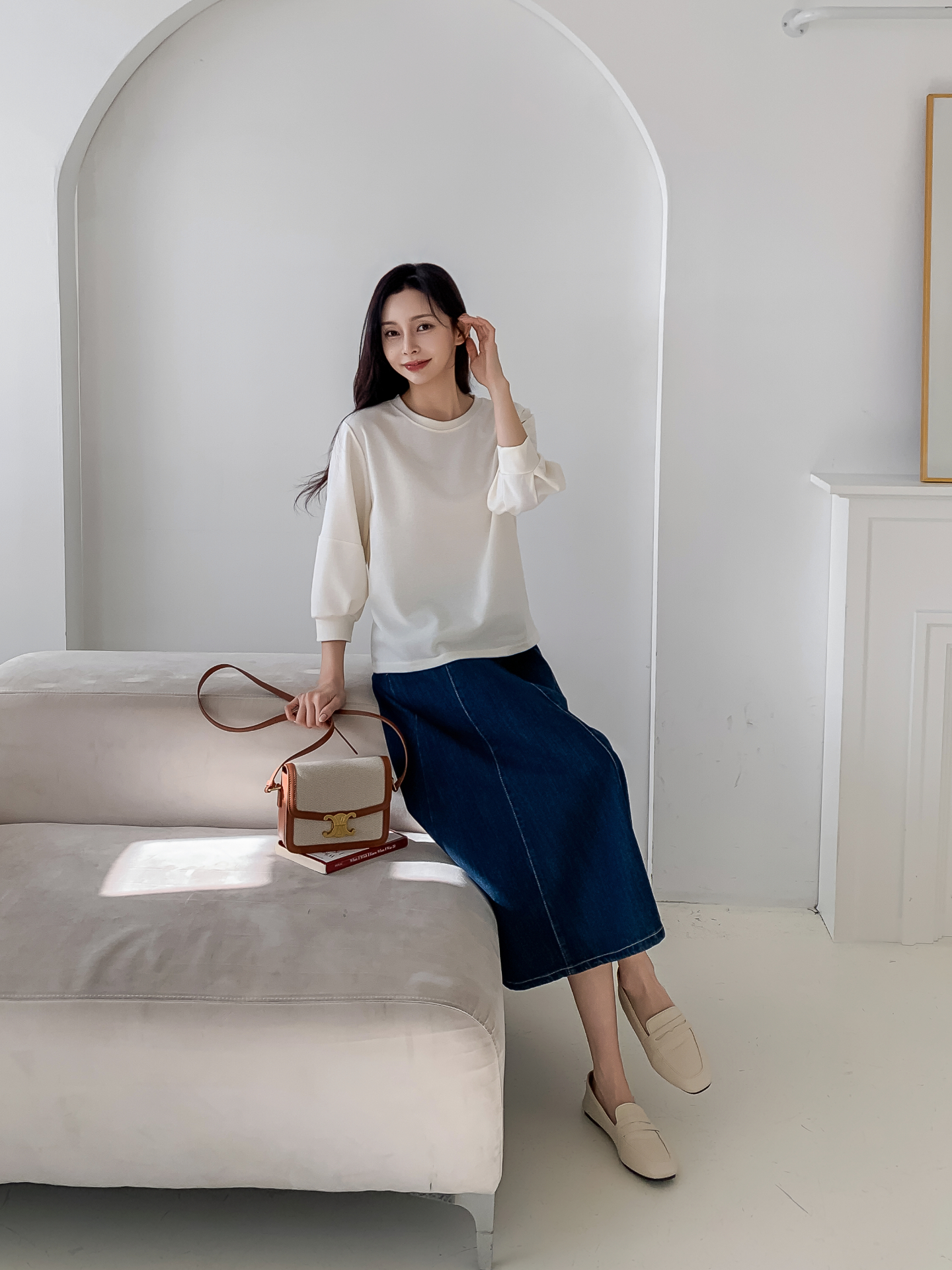 ラウンドネックパフスリーブルーズ7分袖無地スウェット | 詳細画像5