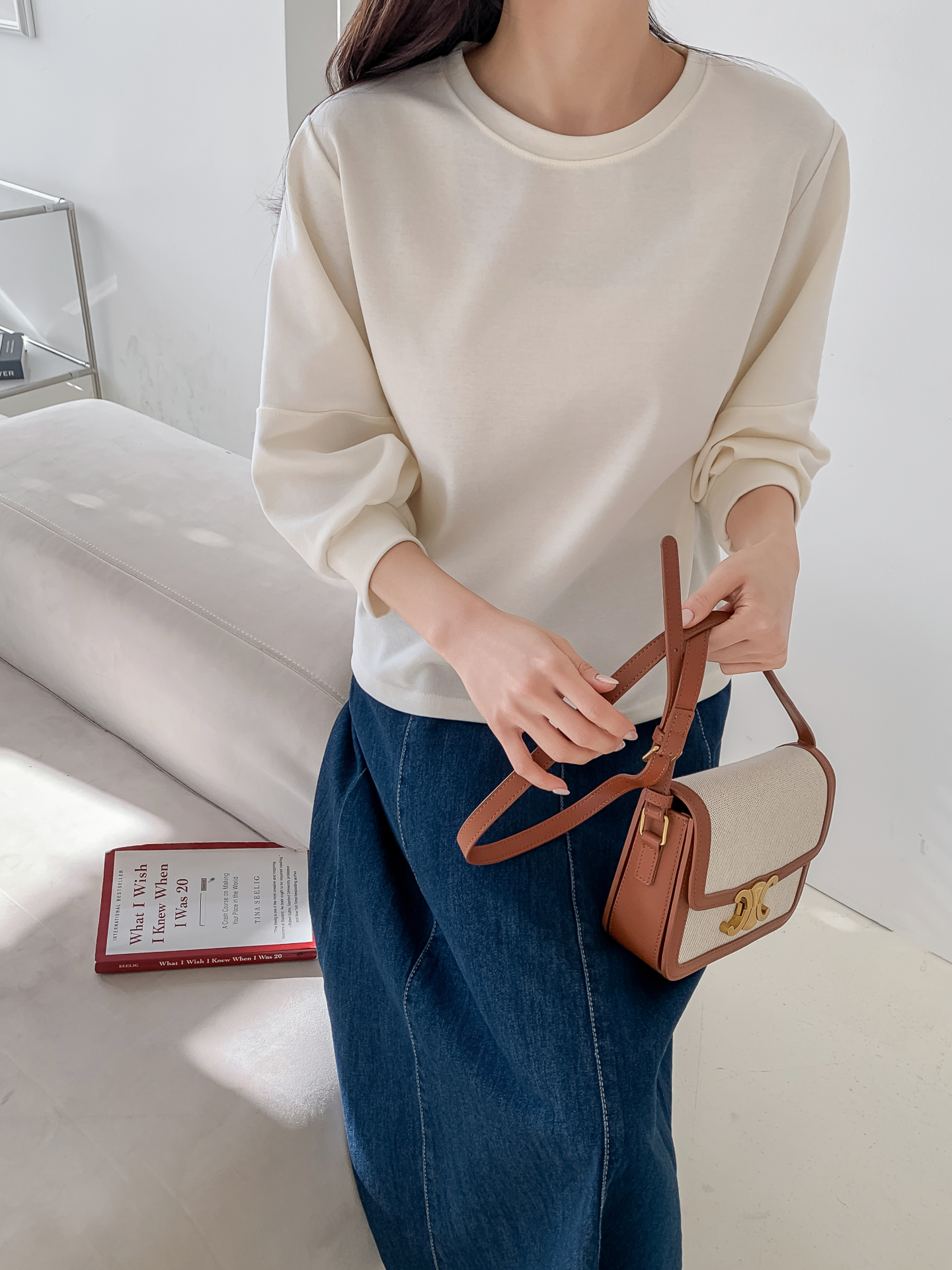 ラウンドネックパフスリーブルーズ7分袖無地スウェット | 詳細画像14