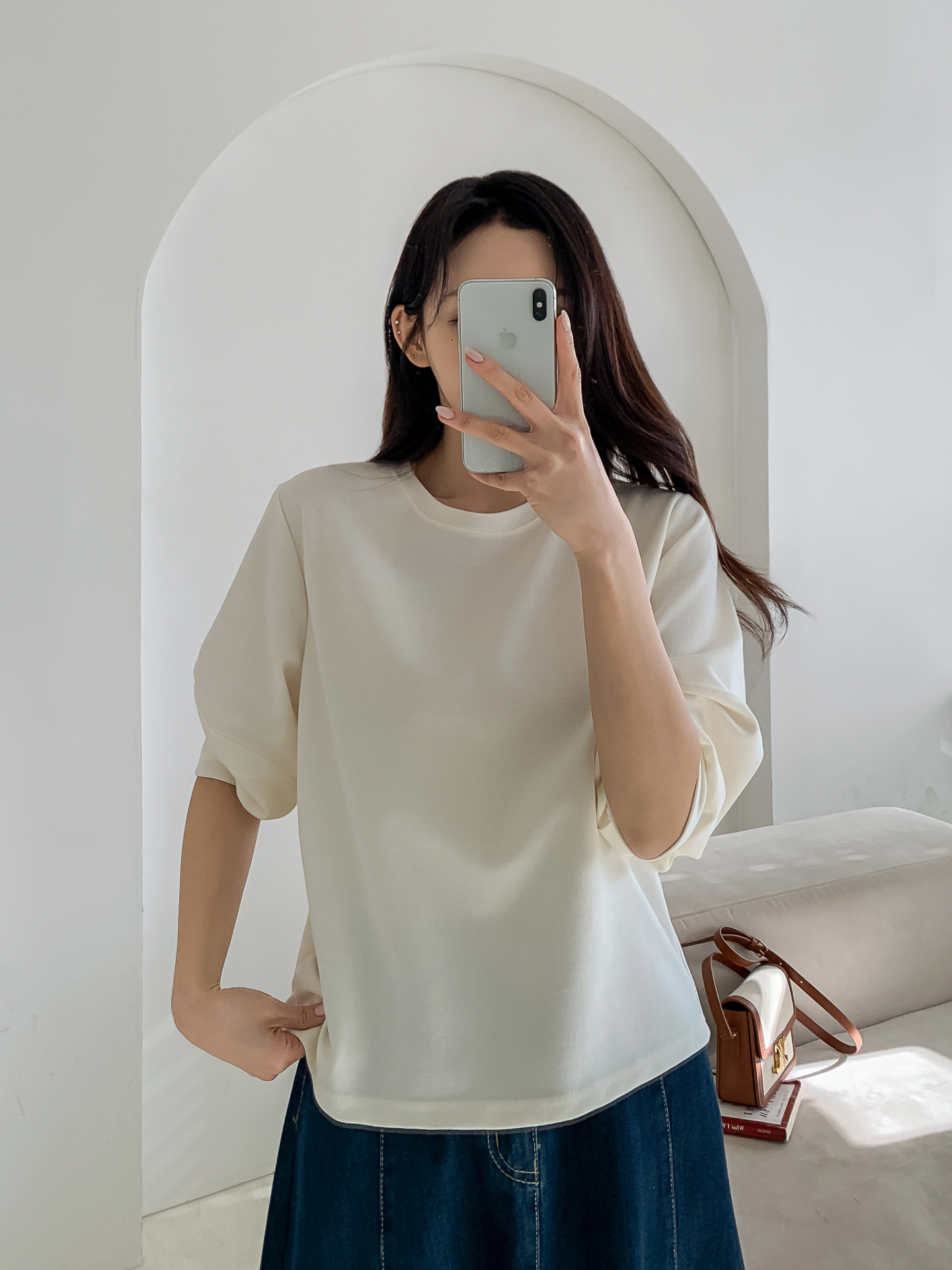 ラウンドネックパフスリーブルーズ7分袖無地スウェット | 詳細画像15