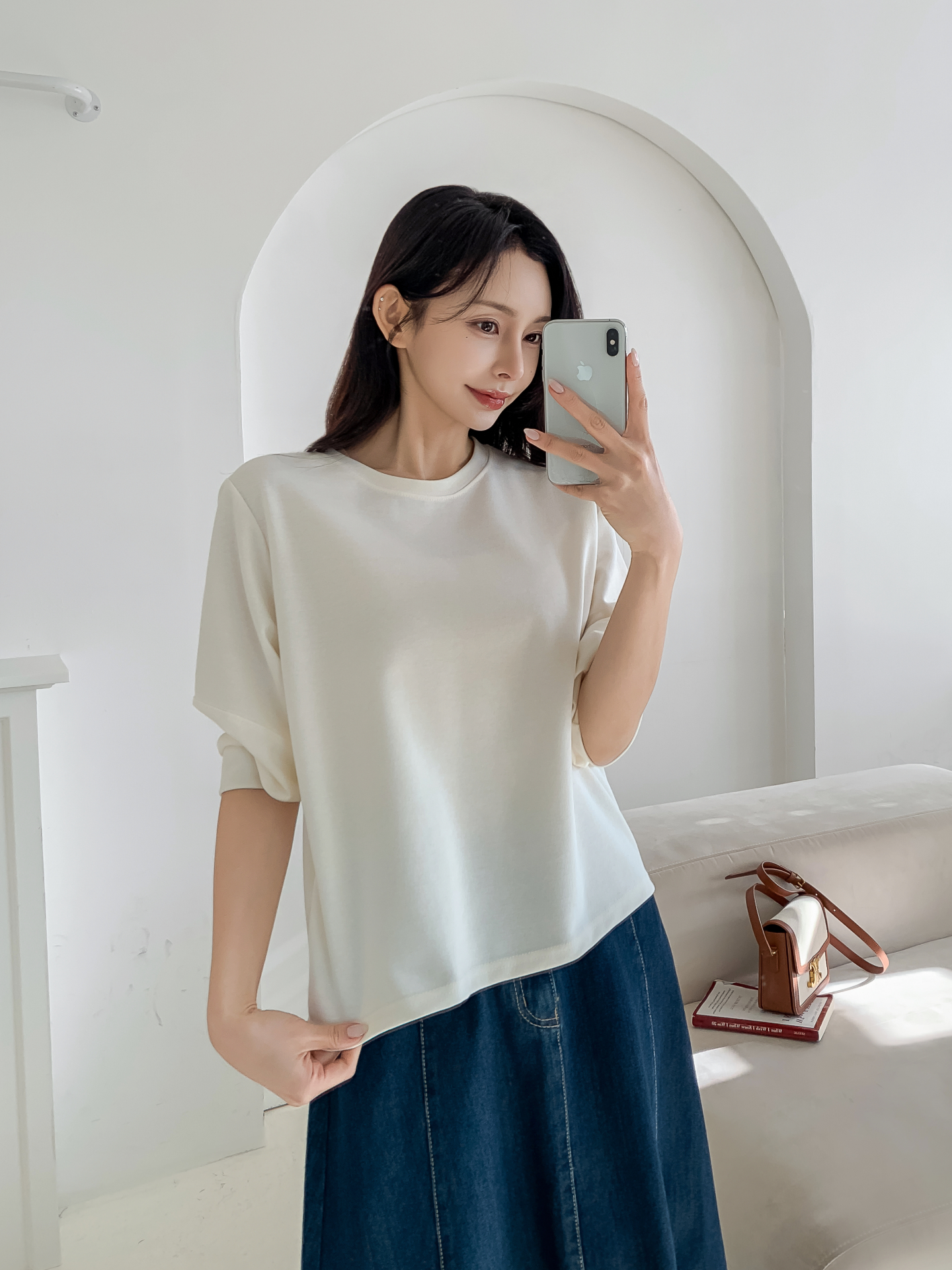 ラウンドネックパフスリーブルーズ7分袖無地スウェット | 詳細画像16