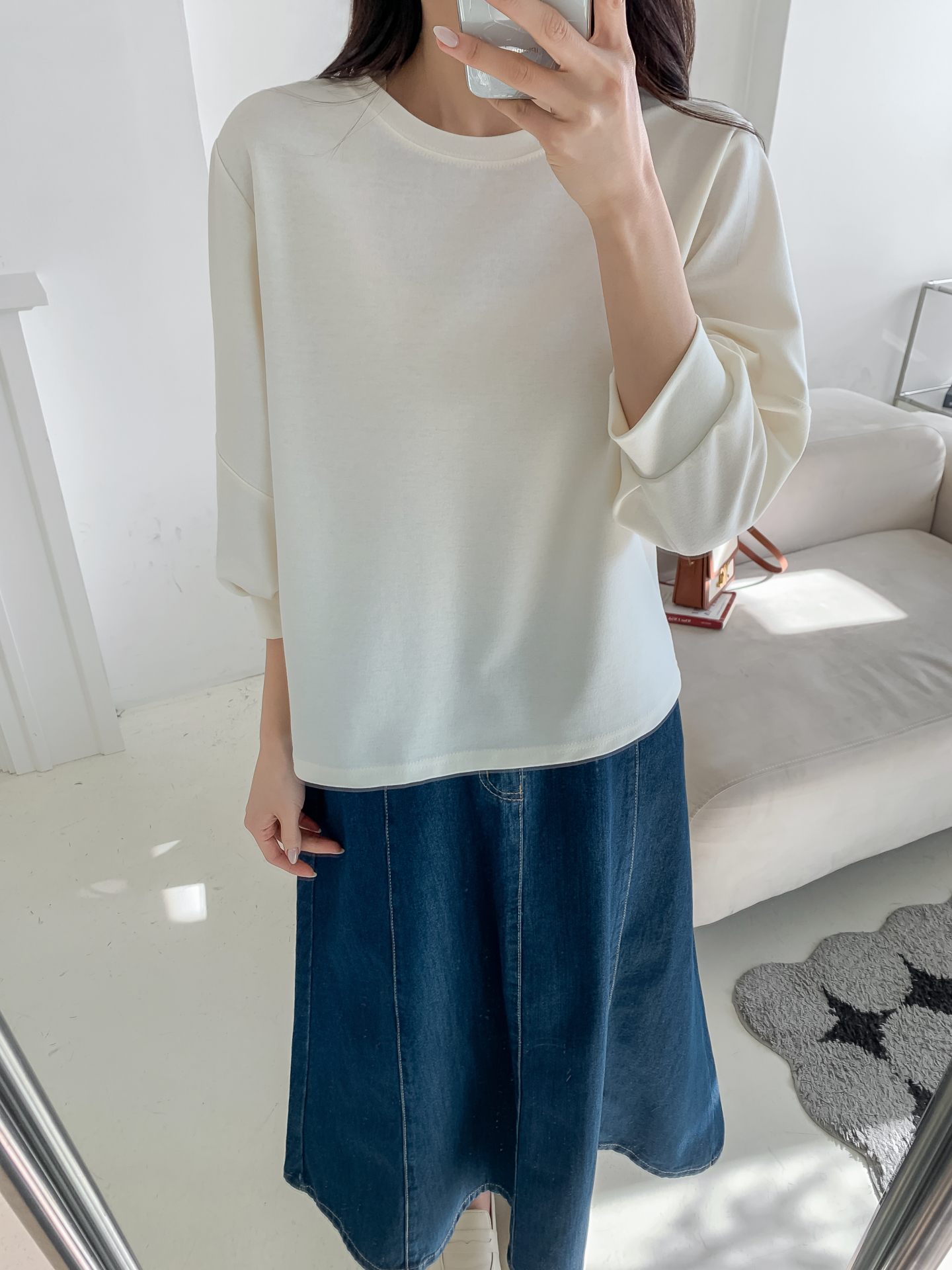 ラウンドネックパフスリーブルーズ7分袖無地スウェット | 詳細画像17