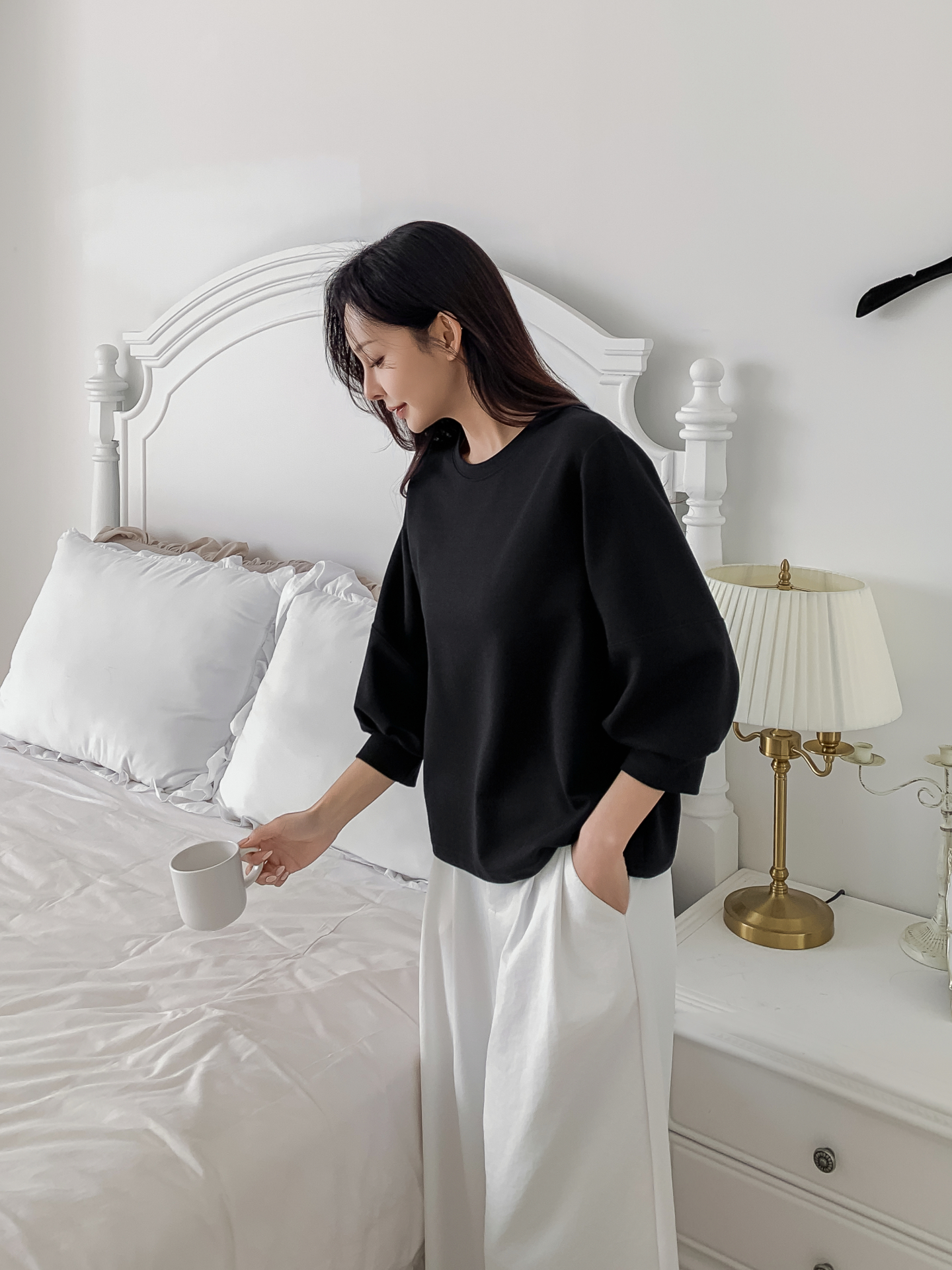 ラウンドネックパフスリーブルーズ7分袖無地スウェット | 詳細画像19