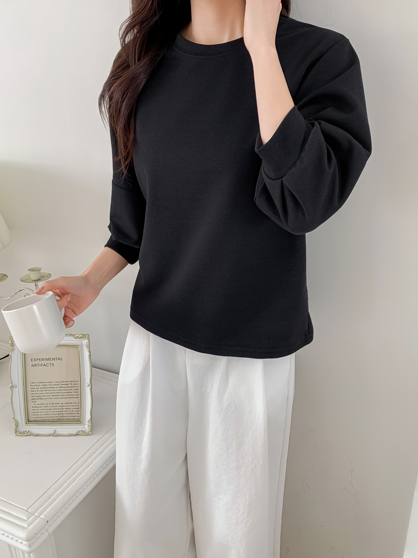 ラウンドネックパフスリーブルーズ7分袖無地スウェット | 詳細画像23