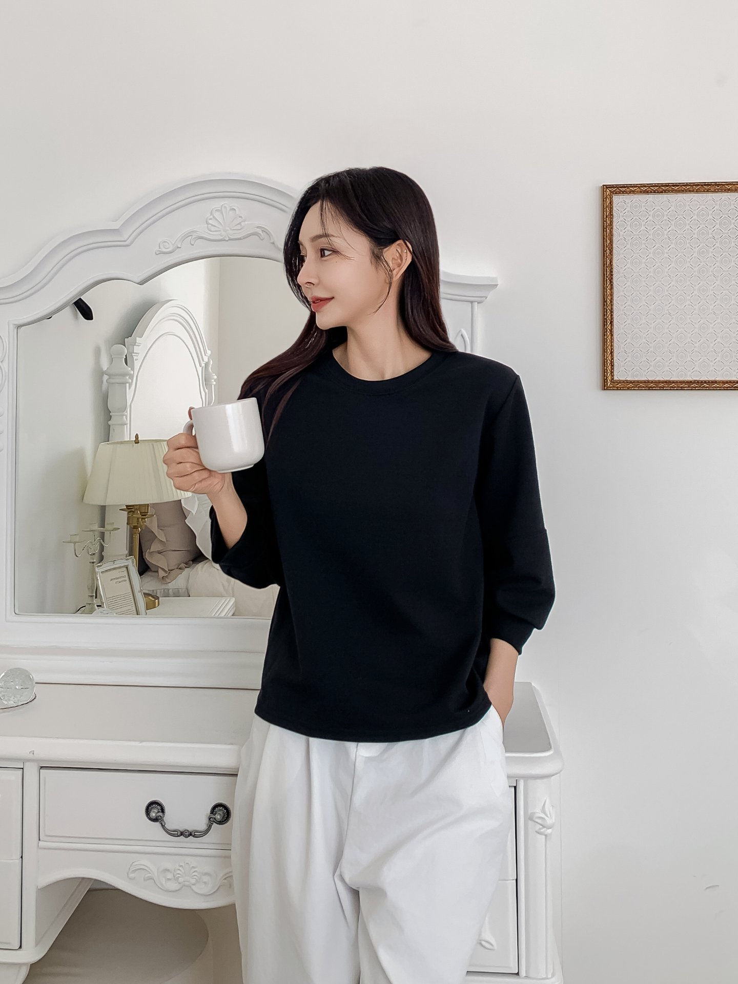 ラウンドネックパフスリーブルーズ7分袖無地スウェット | 詳細画像25